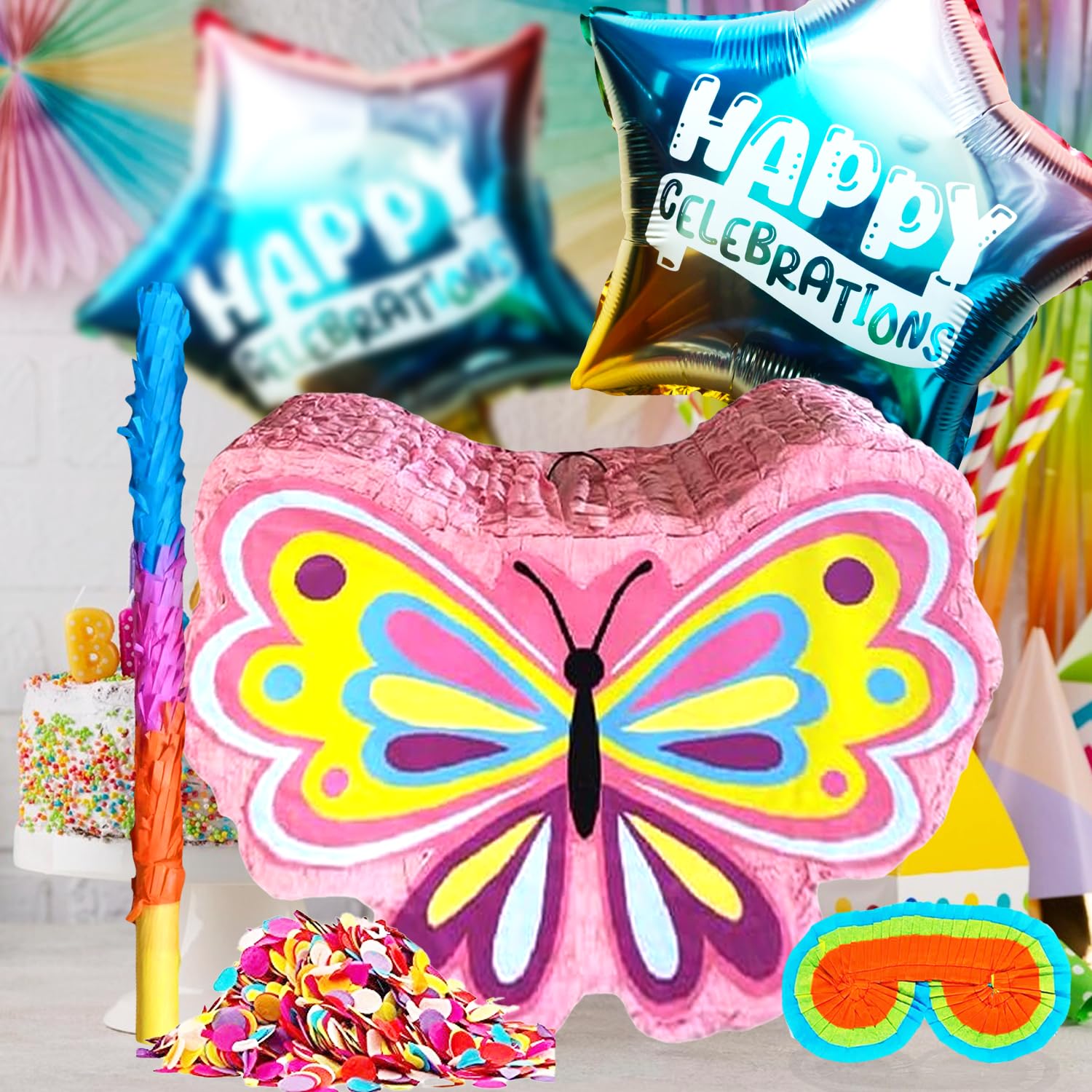 Butterfly Pinatas Perfect for Girls Butterfly Themed Birthday Party, Pink Butterfly Pinatas, Butterfly Decor & Fun Party Supplies Includes Busterstick, Blindfold, Confetti and 2 Ballons