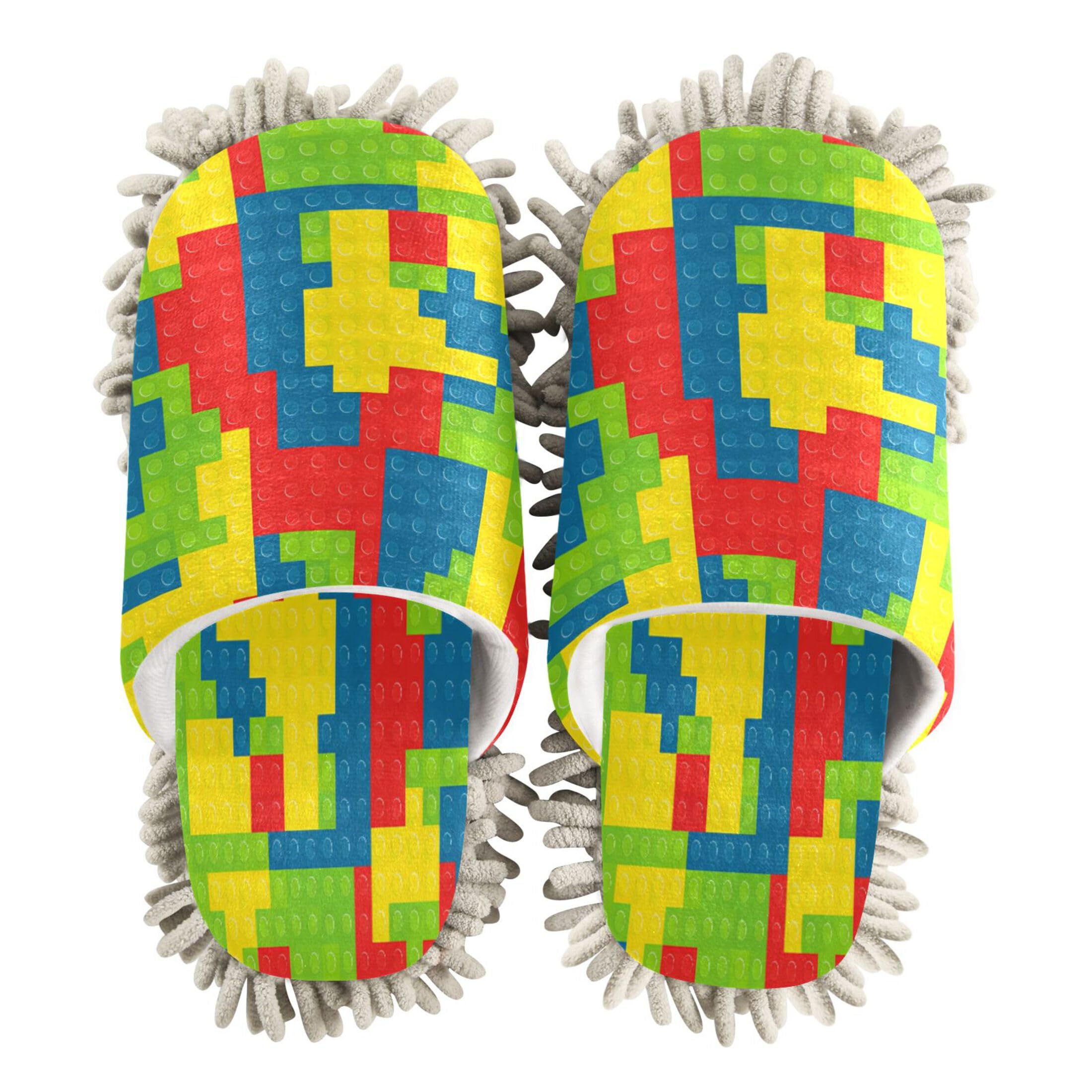 Kigai Colorful Building Blocks Mop Slippers for Floor Cleaning, Slippers for Women Men, Microfiber Floor Cleaning, M