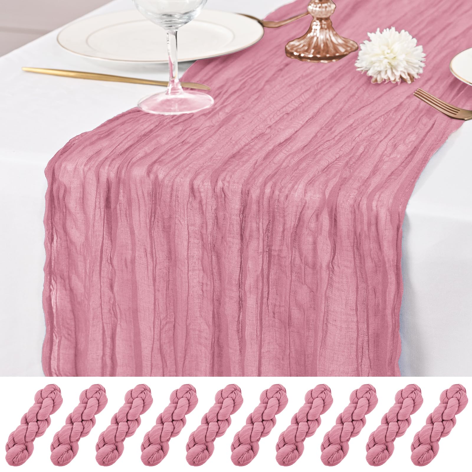 10 Pcs Dusty Rose Table Runner 10Ft Cheesecloth Table Runner 21x120 inch Rustic Gauze Table Runners Romantic Long Sheer Fabric Cheese Cloth Table Runners for Wedding Party Bridal Baby Shower