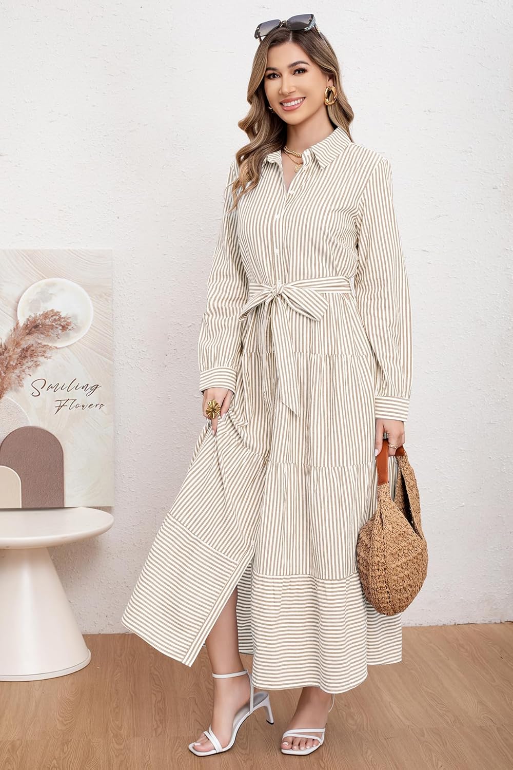 utcoco Womens Casual Long Sleeve Button Down Tie Waist Ruffled Striped Maxi Shirt Dress - Image 5