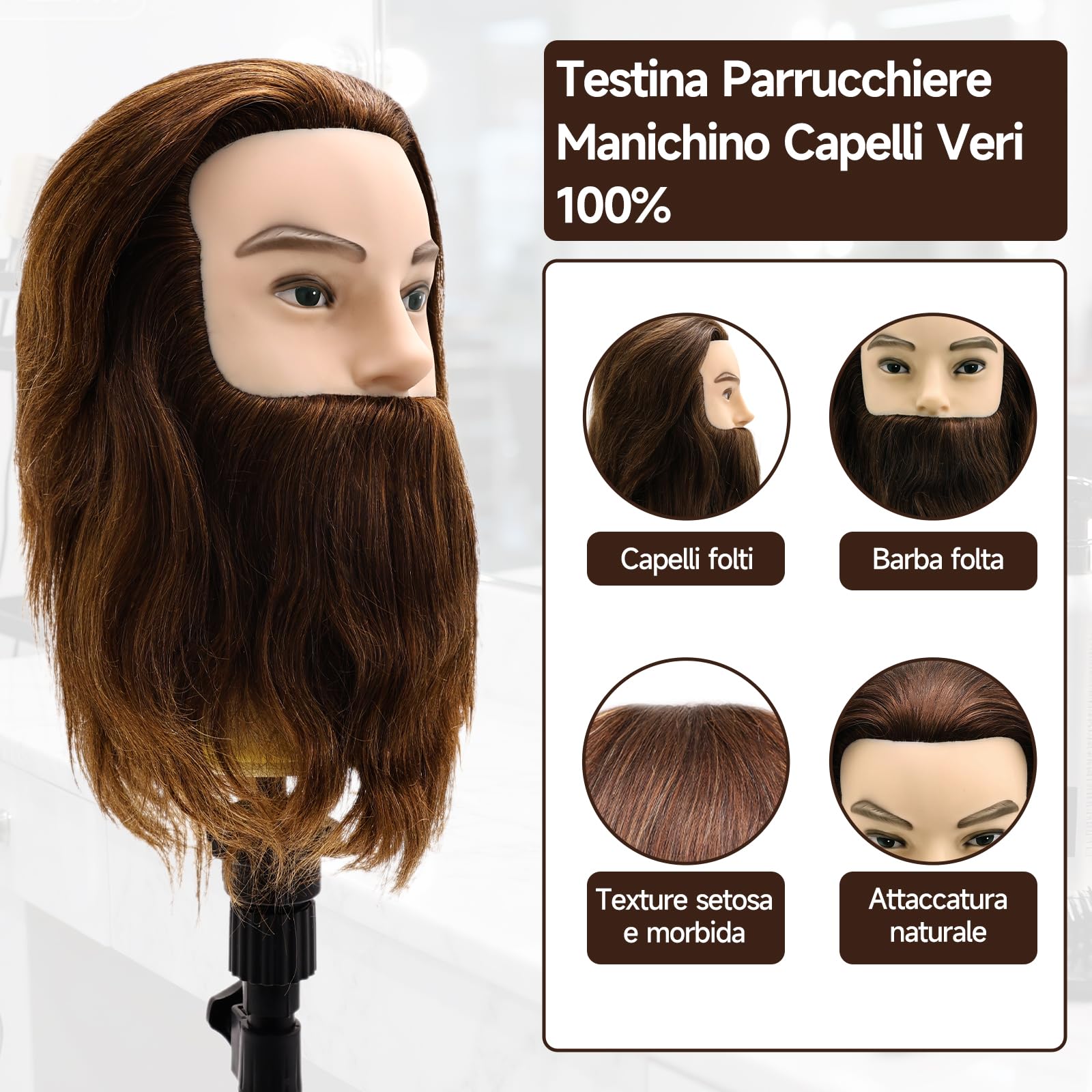 TwoWin 12 pollici (30,5 cm) Testa Manichino da Parrucchiere in Capelli Umani con Barba, Marrone