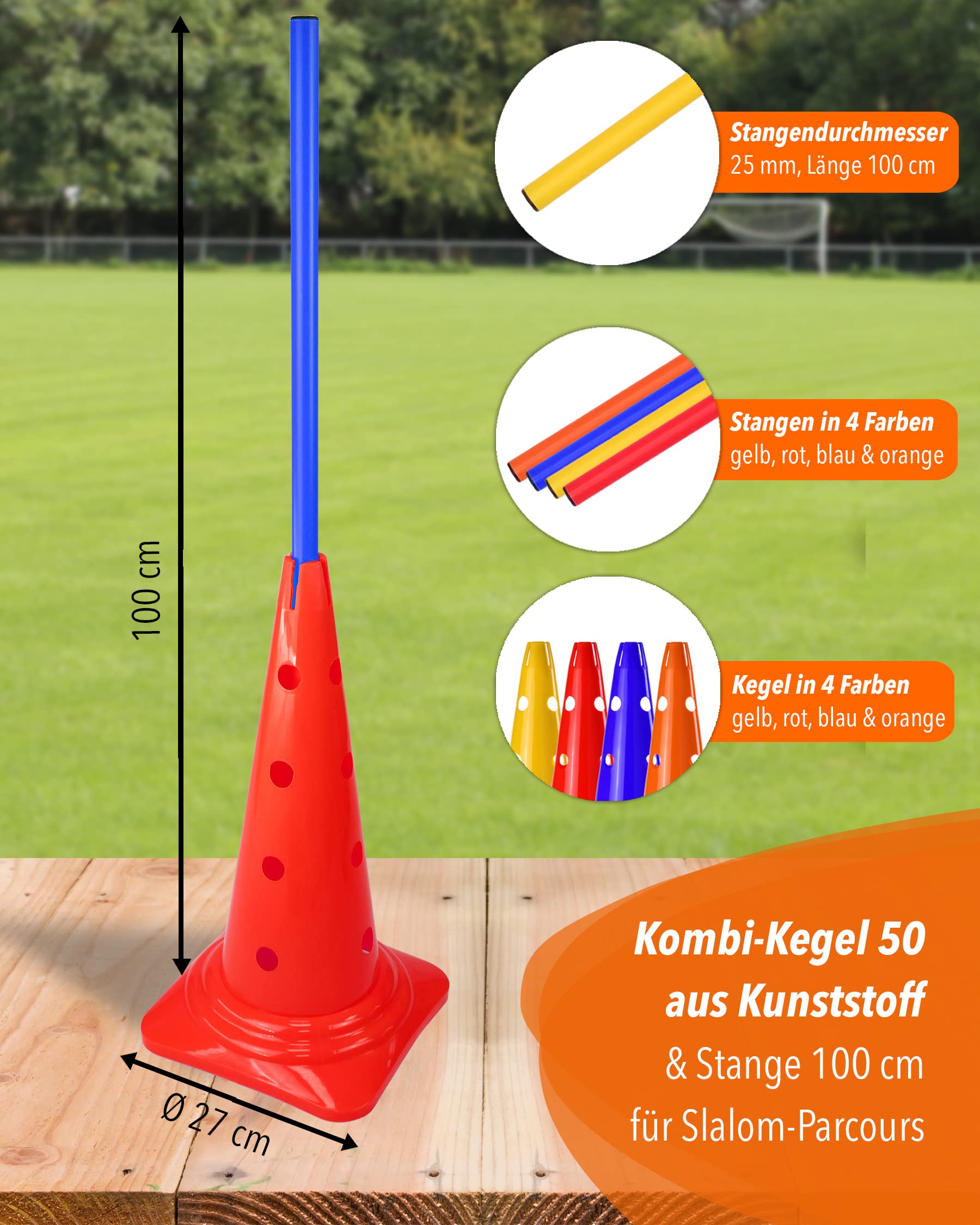 Coni combinati 50 con asta 100 cm – Set di 4 piloni con asta slalom – per slalom parcorse – Agilità e coordinazione – per calcio e sport per cani