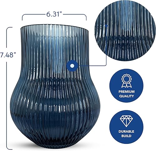 Miniatura 2 de Greenline Goods Florero acanalado con parte inferior redondeada  Jarrones de vidrio transparente soplado a mano para flores, diseño acanalado y