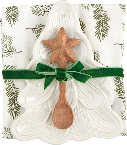 Mud Pie Juego de aperitivos, plato de árbol 7" x 5 12", blanco