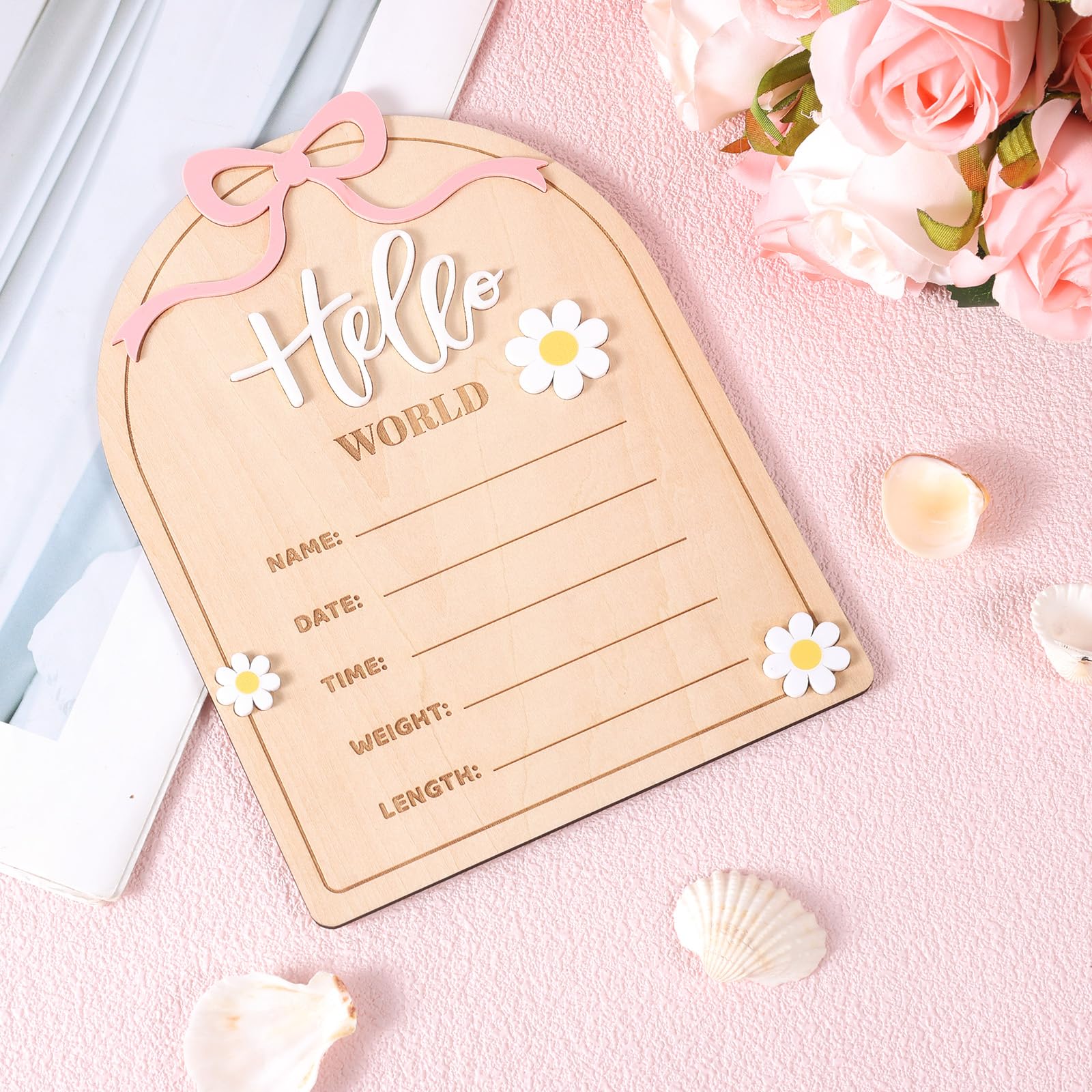 Wooden Baby Name Announcement Sign With Bow - Hello World Newborn Photo Prop & Keepsake