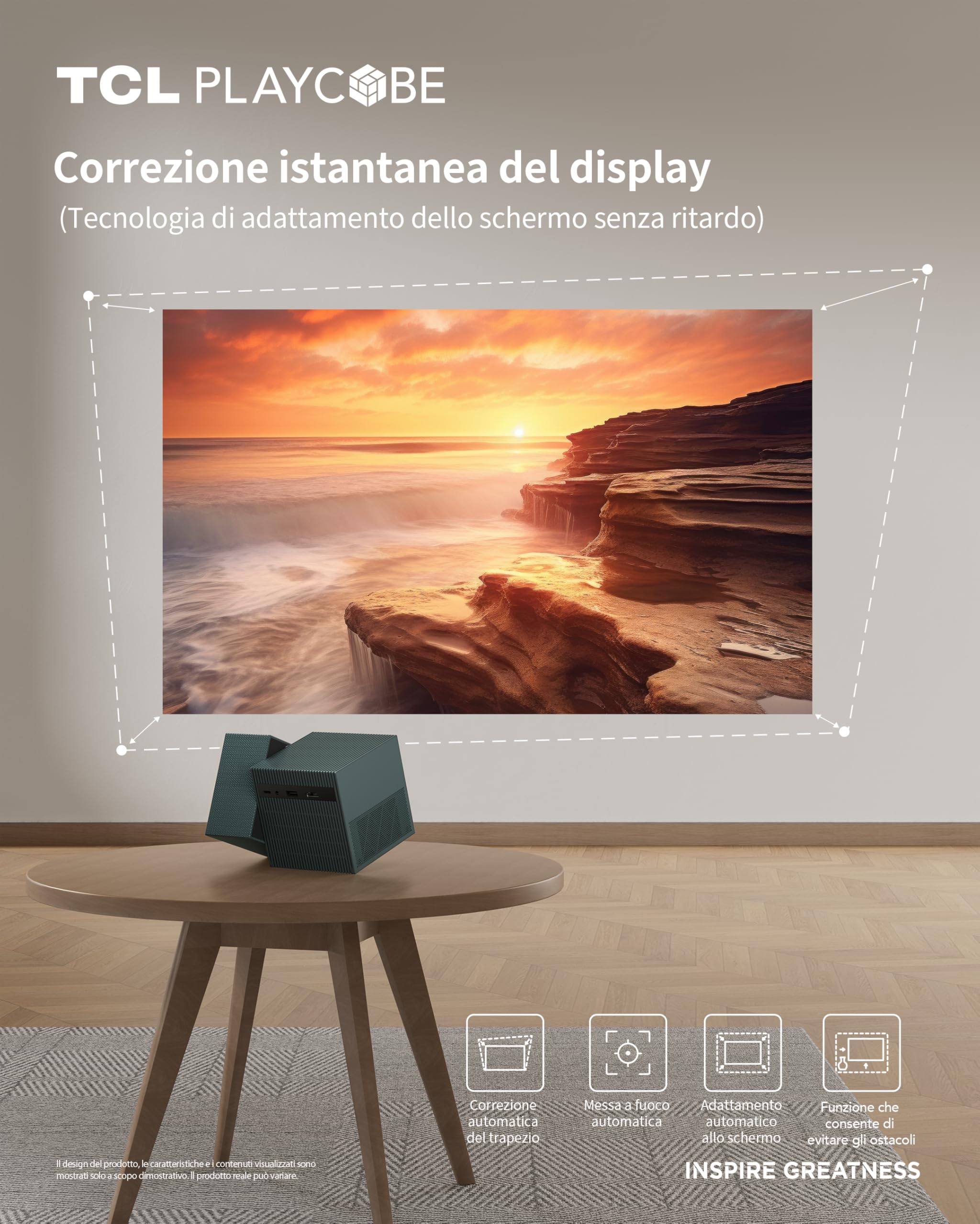 TCL PlayCube Proiettore 4K FHD - [GTV/Netflix/Disney] Mini Proiettore Portatile, 750 Lumen ISO, Wifi e Bluetooth, Auto Focus, Keystone, Regolabile a 360°, per Home Cinema, Interni, Esterni, Gaming
