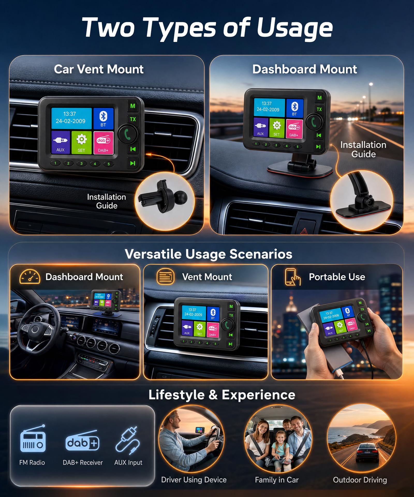 VECHTEL Radio digitale DAB/DAB+ e Bluetooth con schermo da 2,8 pollici, trasmettitore FM, due tipi di supporto, AUX, alimentatore per accendisigari, ideale per viaggi e attività all'aperto