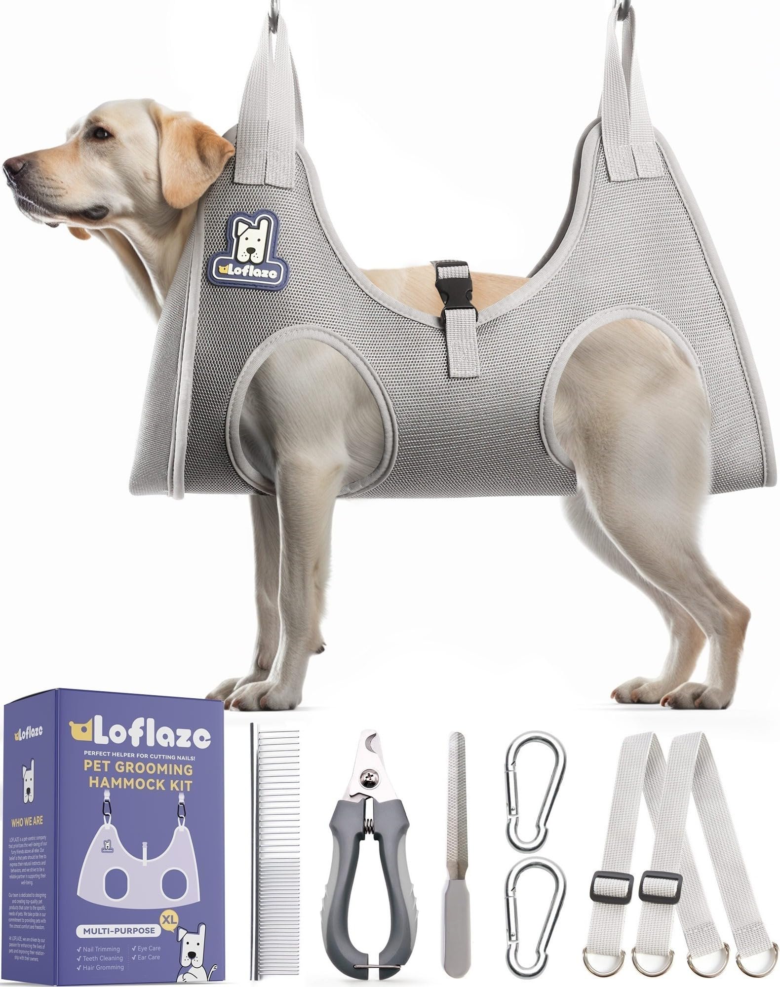 Loflaze Arnés de Hamaca de Aseo para Perros y Gatos con cortaúñas para Mascotas, Correa para Colgar para Recortar uñas, Bolsa de sujeción para Perros pequeños, medianos y Grandes (Gris, XL)
