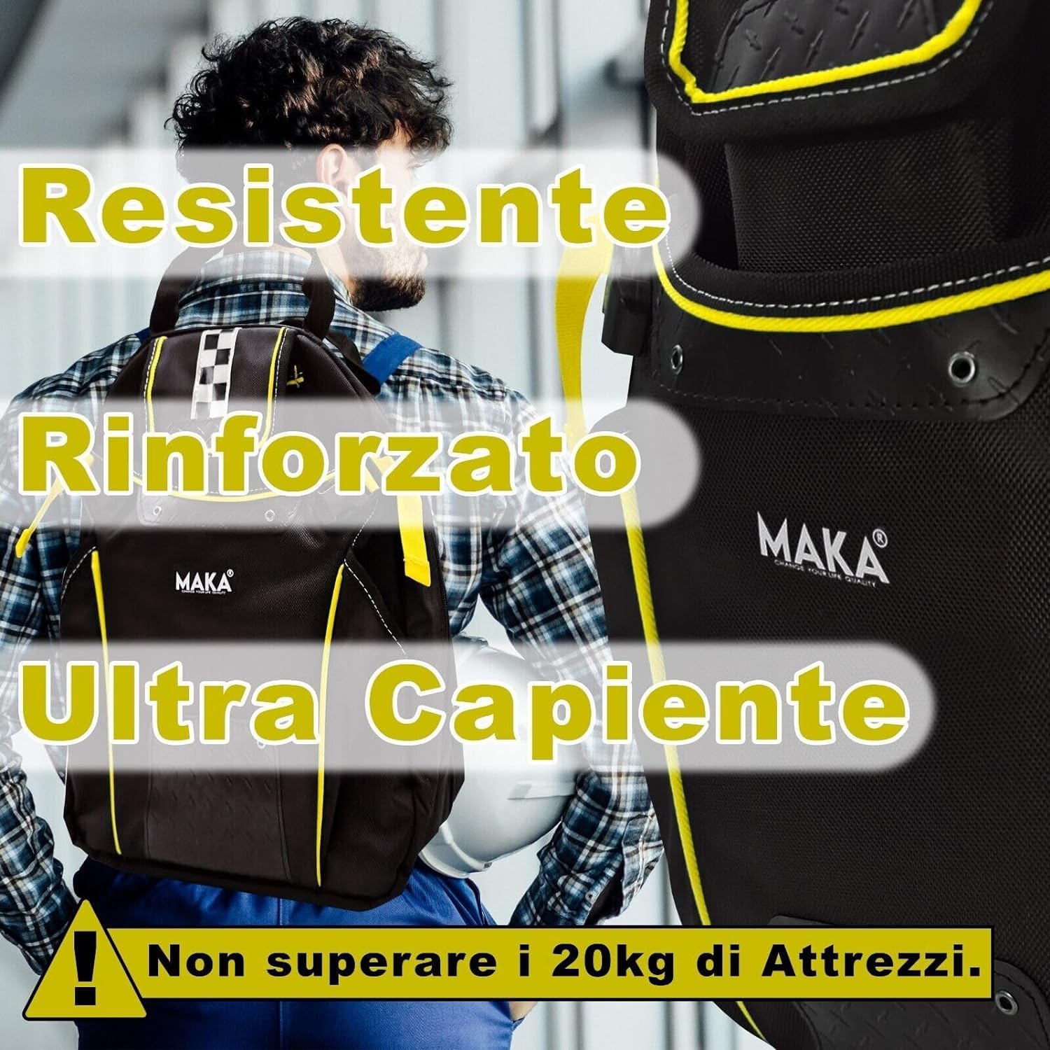MAKA Zaino Porta Attrezzi da Lavoro, 51 Scomparti, 40L, Porta fino a 20kg, Clip Incastro, Piedi in Gomma Antiscivolo, Impermeabile agli Schizzi, Traspirante, Zaino Borsa Attrezzi Elettricista