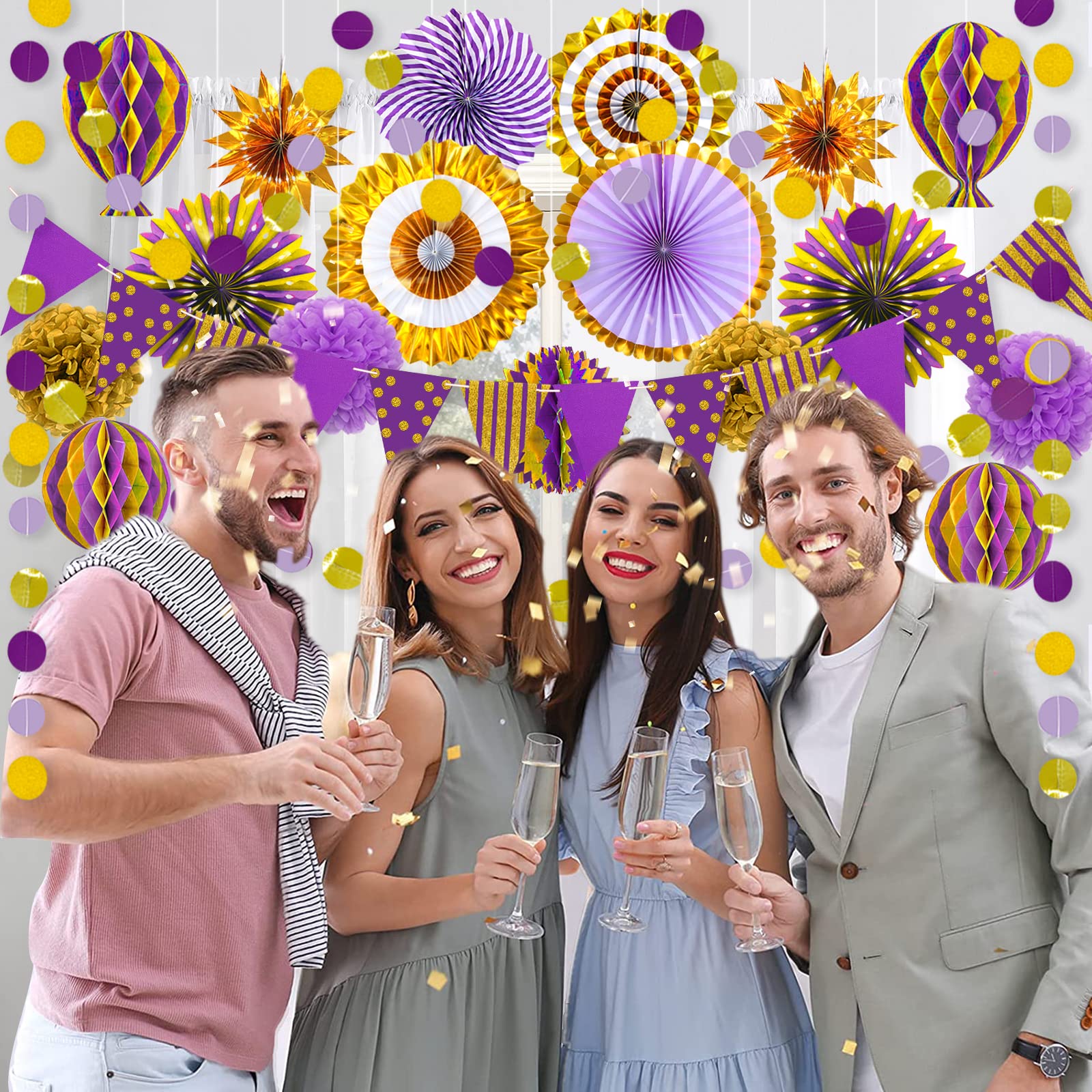 Purple Gold Party Decorations, Graduation Season Hanging Paper Fans Honeycomb Balls Dot Garland Glitter Triangle Flags Pennants for Purple Theme Birthday Lavender Gender Neutral Baby Shower