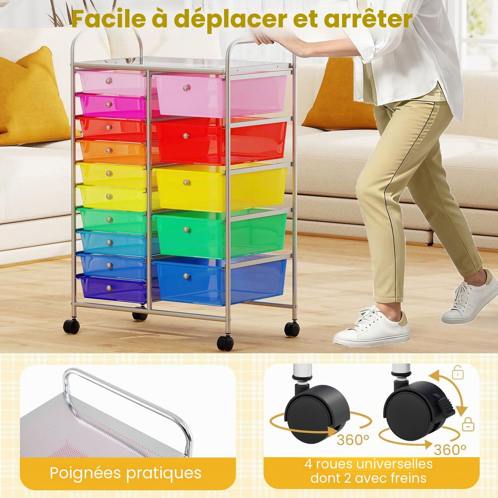 GIANTEX Chariot de salle de bain avec tiroirs empilables 10/15 avec roues universelles verrouillables, chariot de rangement pour la maison et le bureau, chariot de rangement sur roulettes (multicolore