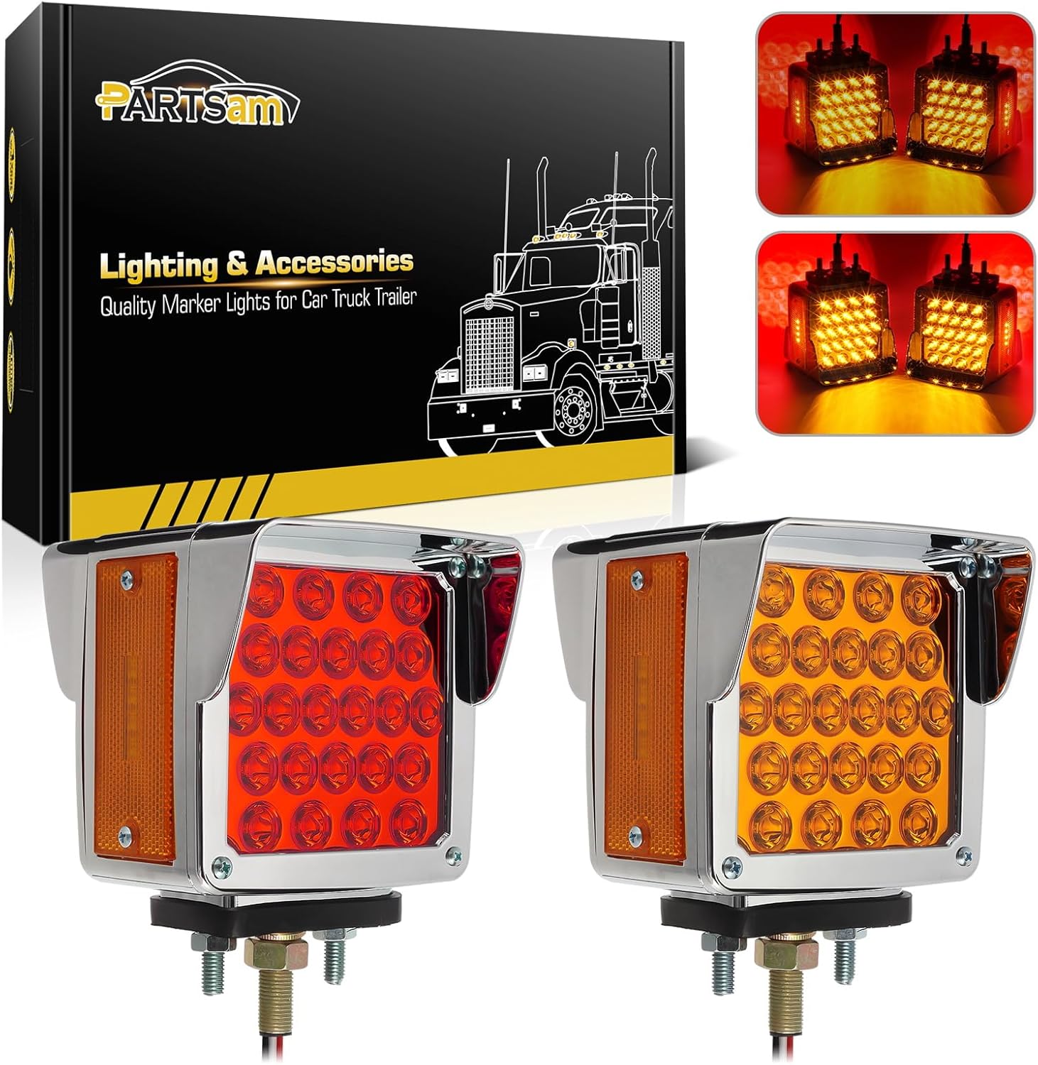Partsam Pair Truck Trailer 52 LED Red/Amber Square Double Face Pedestal Fender Stop Turn Tail Lights Three Stud Mount Bezel Visor Waterproof Replacement for Peterbilt/Kenworth/Freightliner Trucks