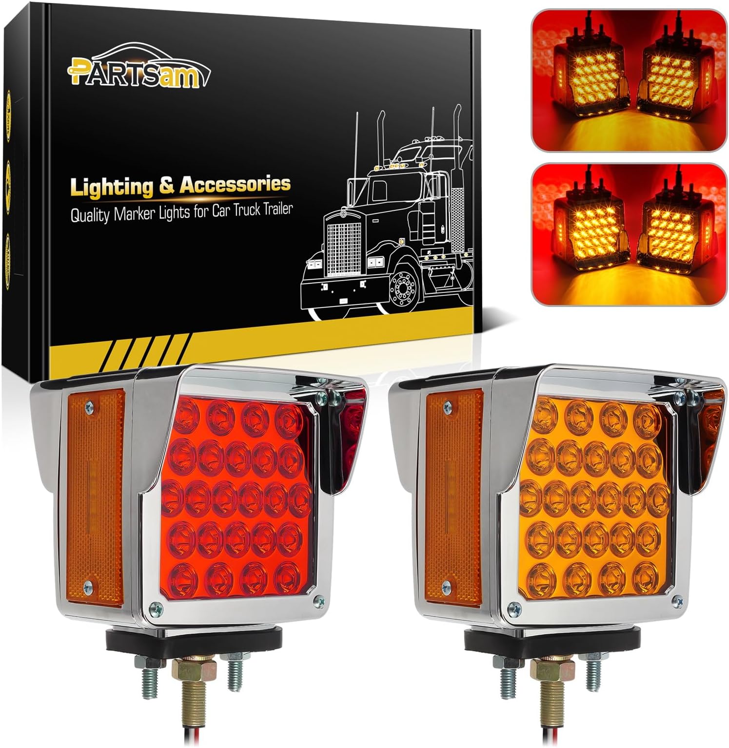 Pair Truck Trailer 52 LED Red/Amber Square Double Face Pedestal Fender Stop Turn Tail Lights Three Stud Mount Bezel Visor Waterproof Replacement for Peterbilt/Kenworth/Freightliner Trucks