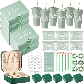 48 Pcs Bridesmaid Proposal Gifts Set, Maid of Honor Gifts Set from Bride, Will You Be My Bridesmaid Gift Box, 24 oz Tumbler Bridal Bachelorette Party Presents for Bridesmaids Wedding, Green
