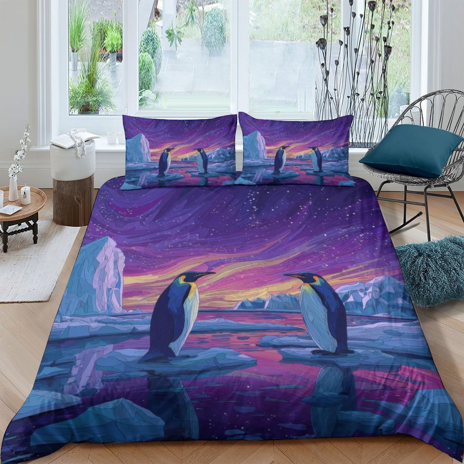 GPLZQXKJNH 3D Printed Penguin Sunset Duvet Cover Microfiber Soft Breathable Arctic Landscape Bedding Set with 2 Pillowcases for Bedroom Home Decor Single（135x200cm）