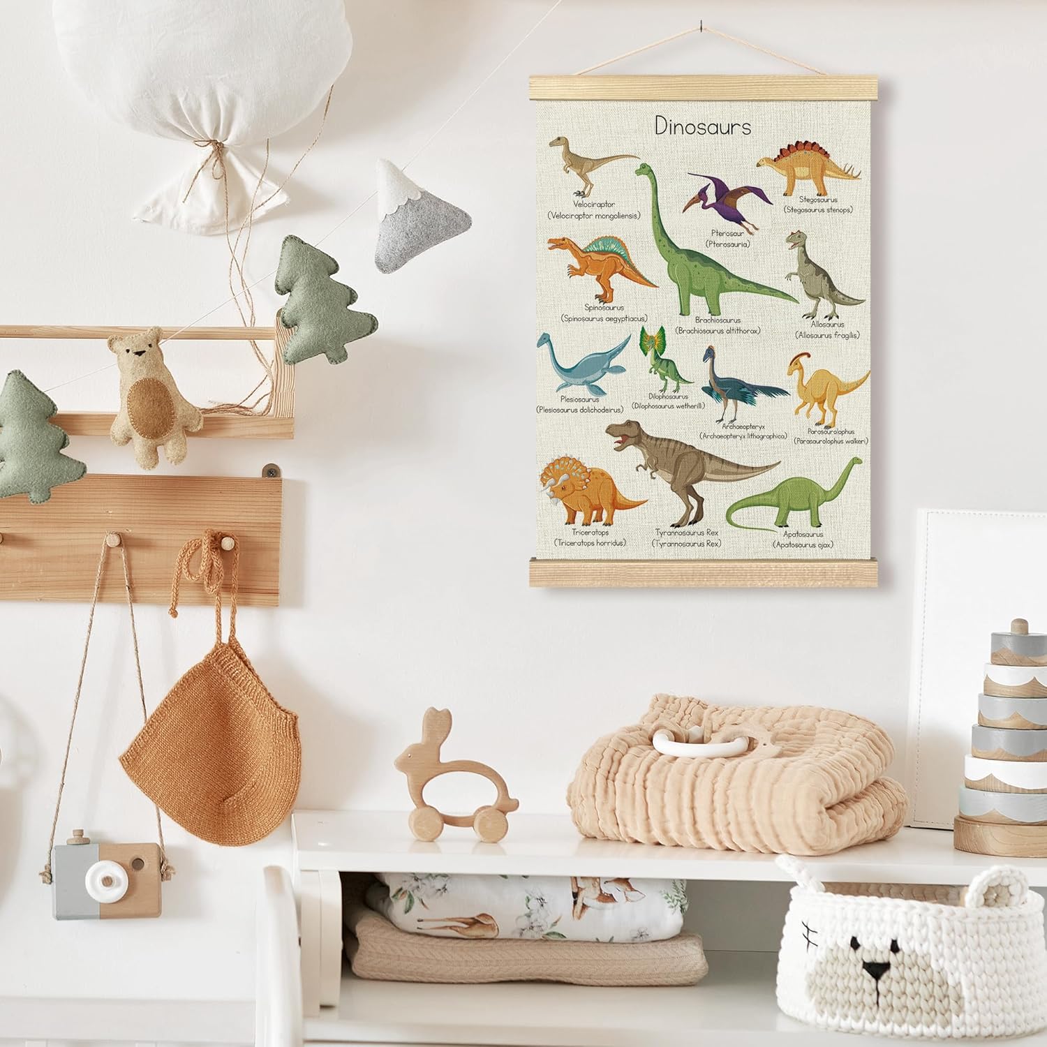 BCUANGD Dinosaur Dino Wall Decor - Toddler Boys Room Wall Art Poster Hanger with Wood Frames, Inspirational Wall Hanging Canvas Decor for Kids Baby Room Nursery Bedroom, 16x24 Inches