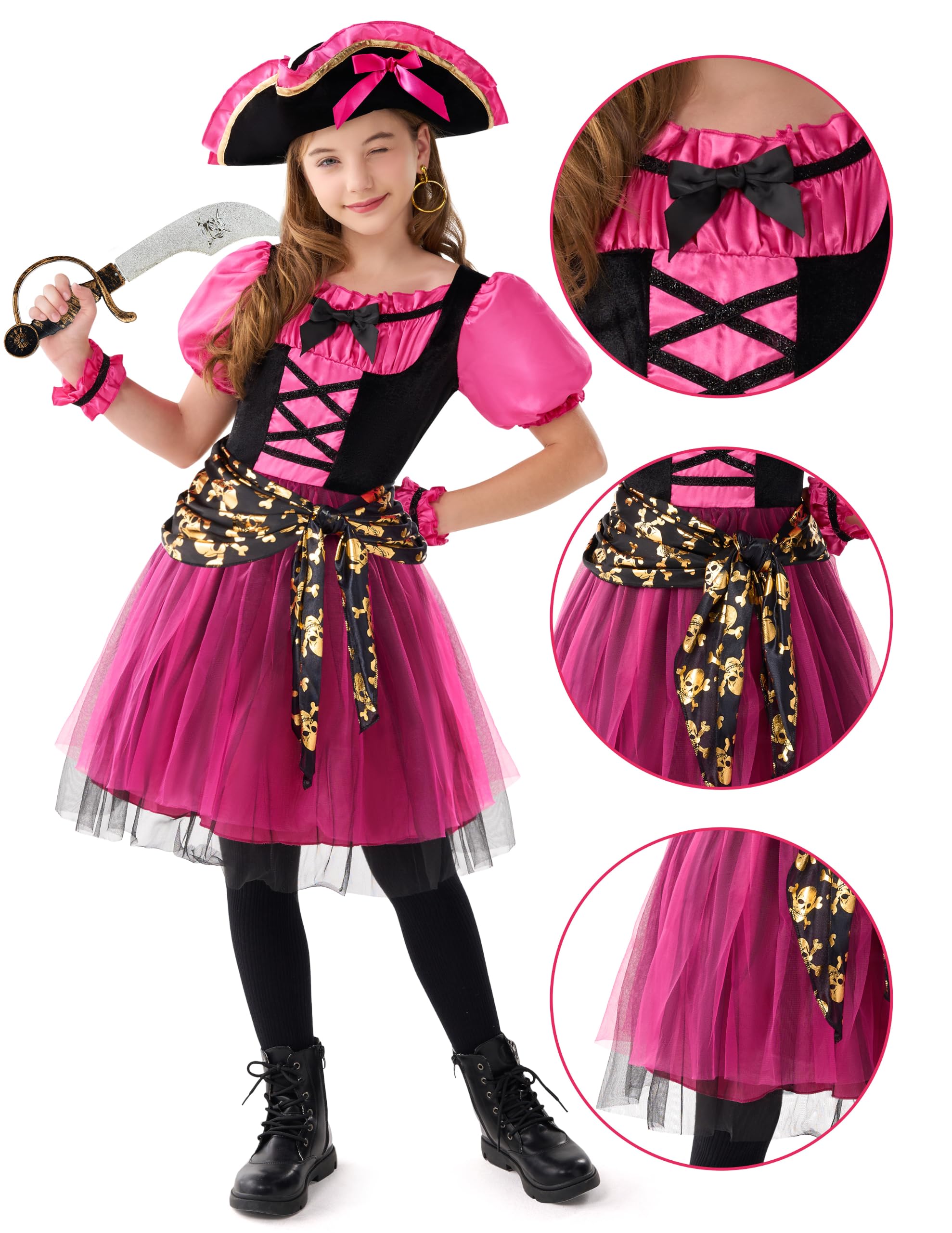 Spooktacular Creations Costume di Halloween per Ragazze, Costume da Pirata per Bambini, Abito da Pirata Magenta per Ragazze Festa di Halloween Gioco di Ruolo da Principessa Pirata (Piccolo (5-7 Anni))