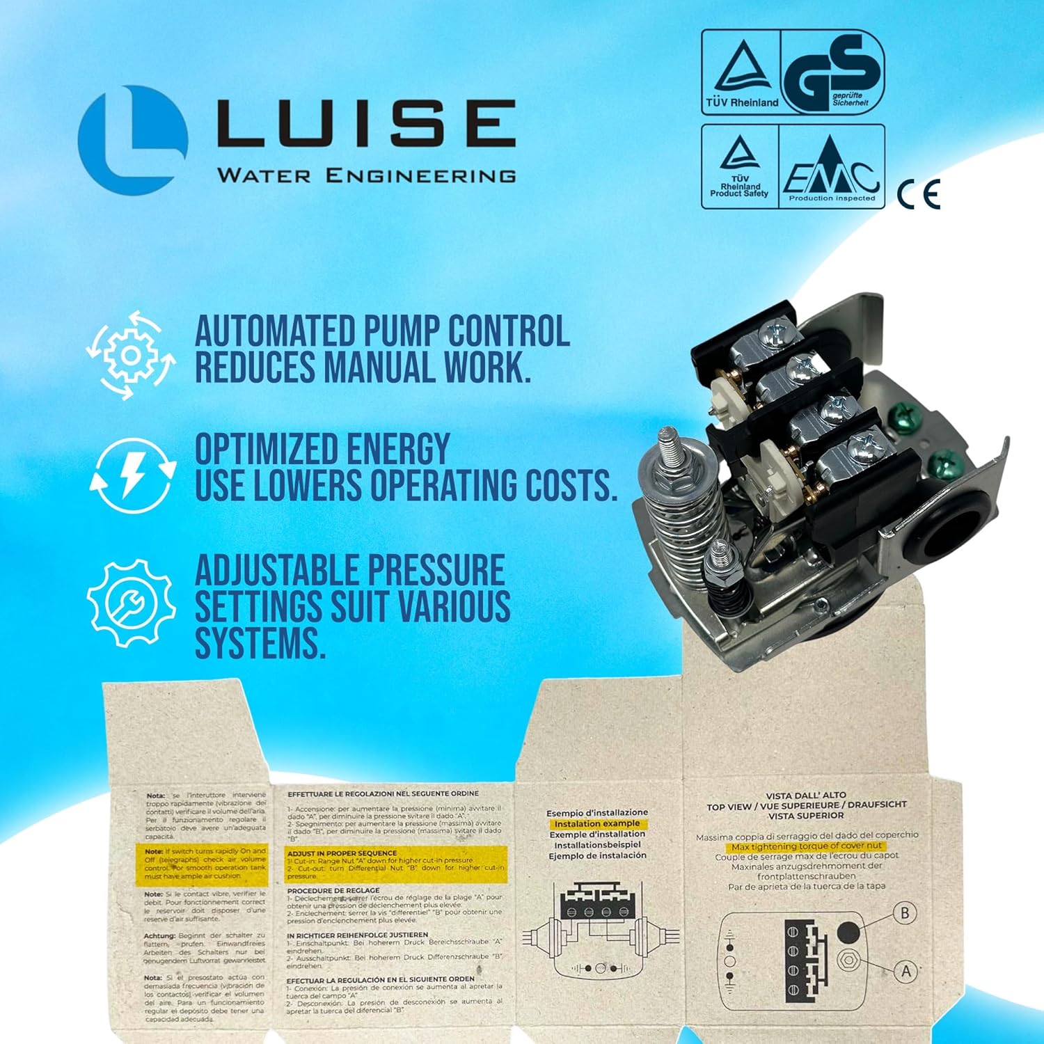 Luise Pressure Switch – P3 | Adjustable Pressure Control Switch for Water Pump Systems 110 V | Differential Well Pressure Control Switch - (5.6-10.5 bar) - (Black) - L683.0000
