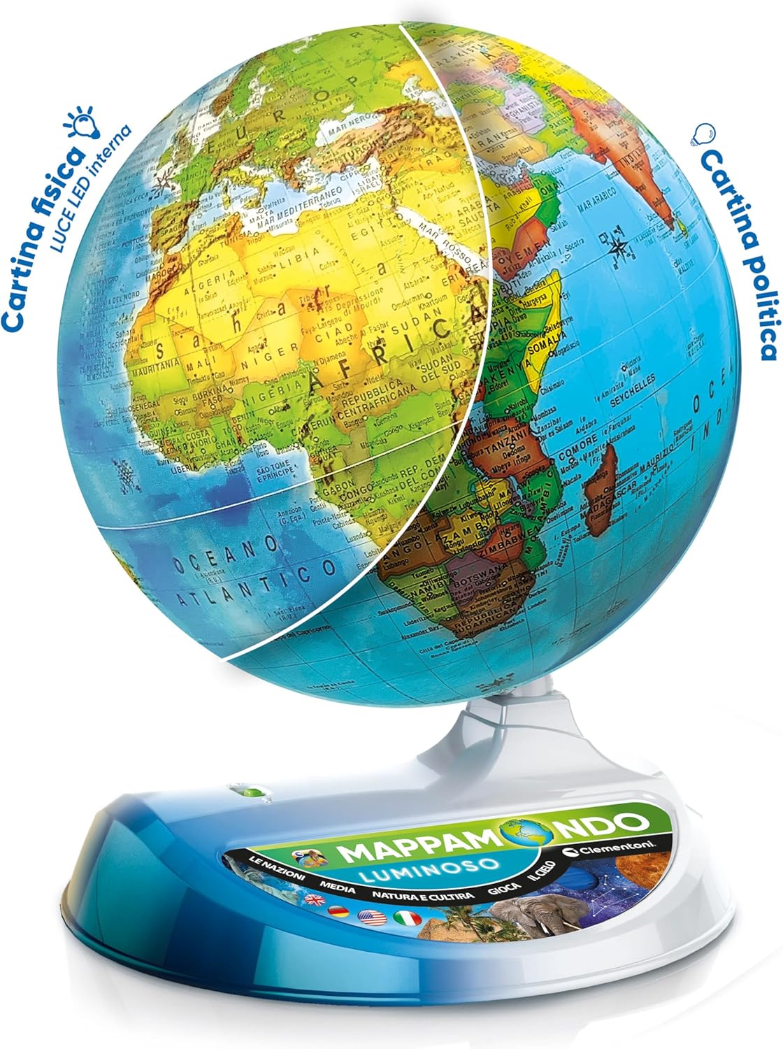 Clementoni Sapientino Più - Illuminated Globe, Educational Game for Children from 7 Years and Older, Educational Globe 22 cm with Dedicated App in Augmented Reality, Made in Italy, Italian Language