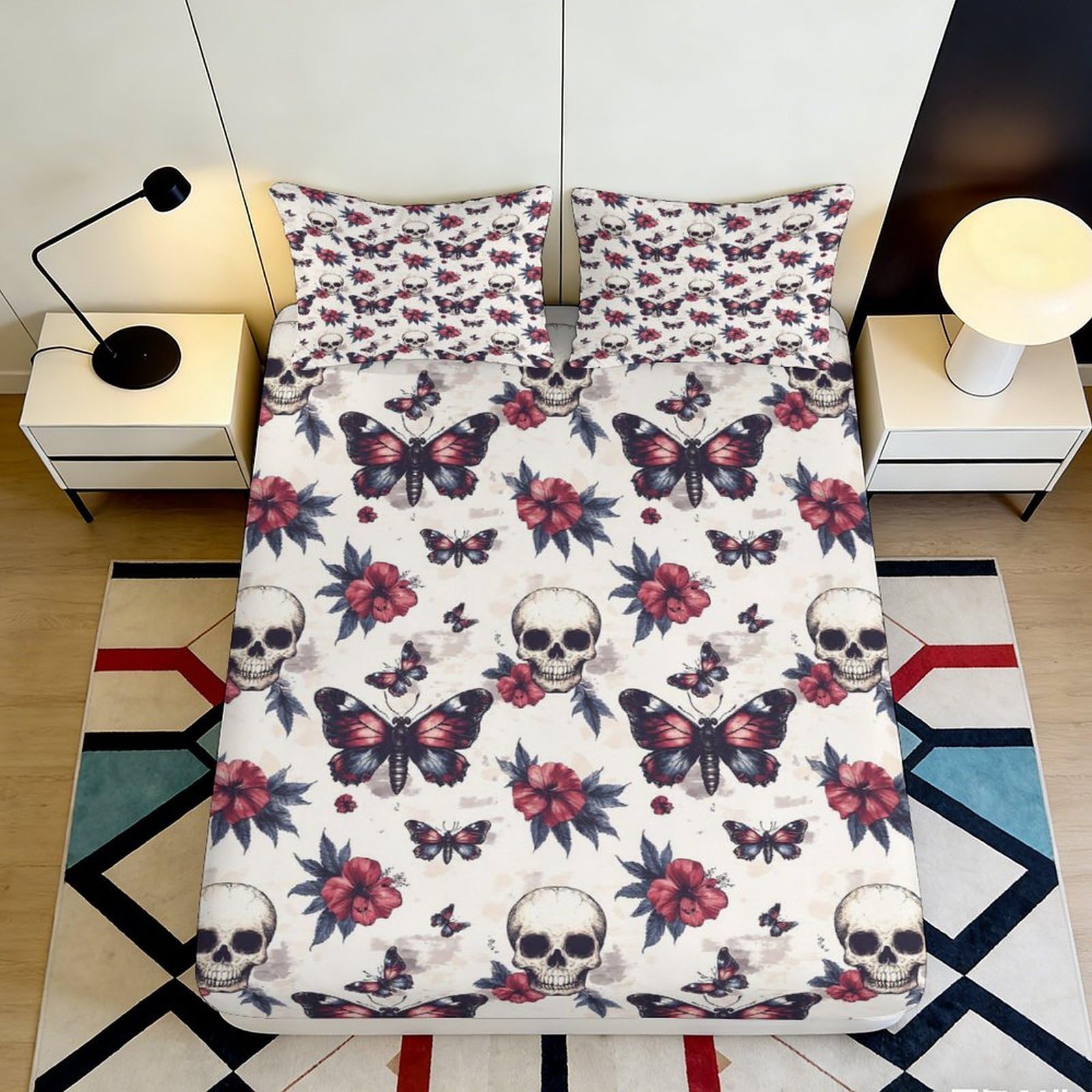 Pnayamiorkfel Style-5 3D Printed Skull Butterfly Fitted Sheet Microfiber Soft Floral Bed Sheet For Bedroom Dorm Decor Mattress Protection 90X200x25cm