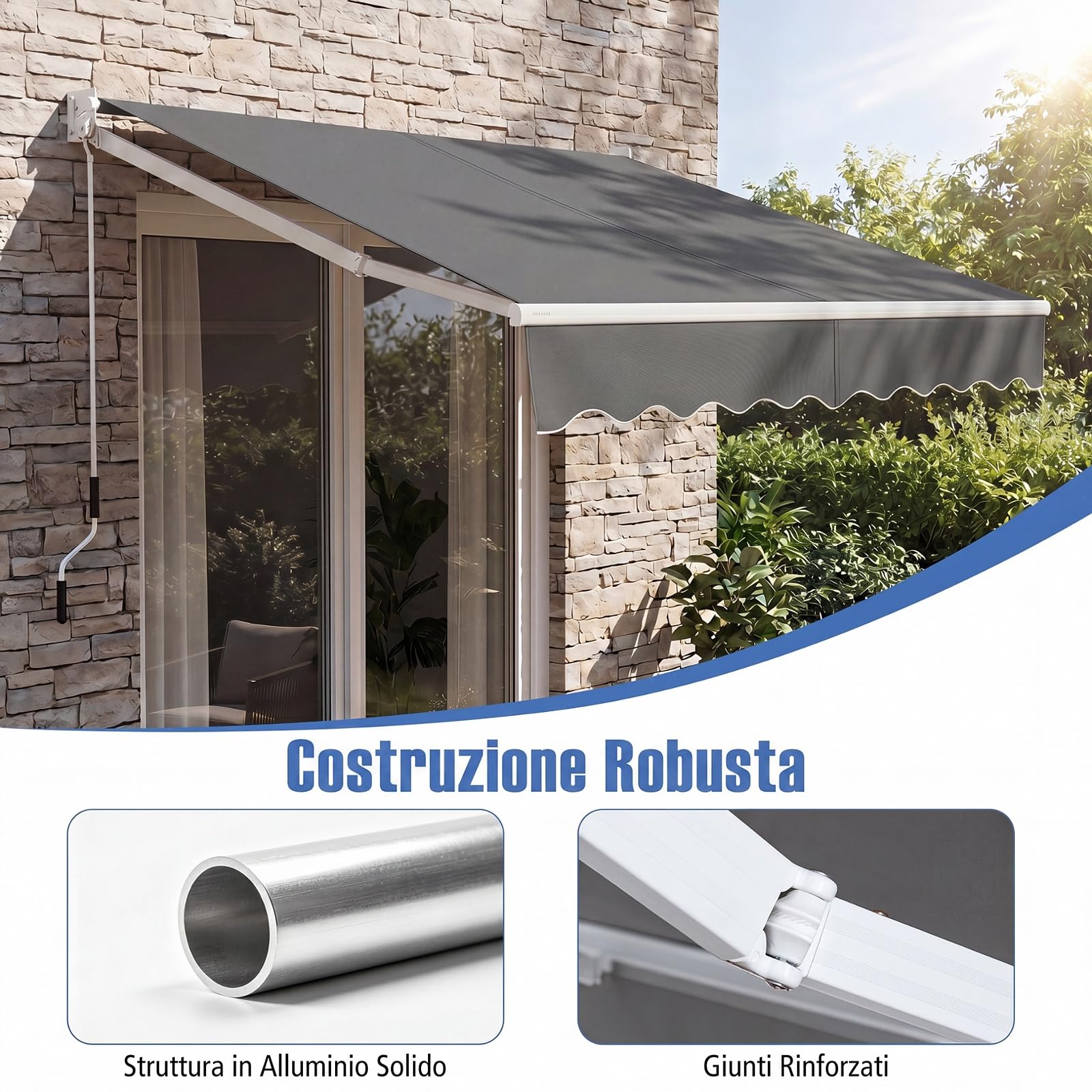 COSTWAY Tenda da Sole per Esterno Avvolgibile a Bracci Estensibili in Alluminio Impermeabile Grigio 245 x 200 cm