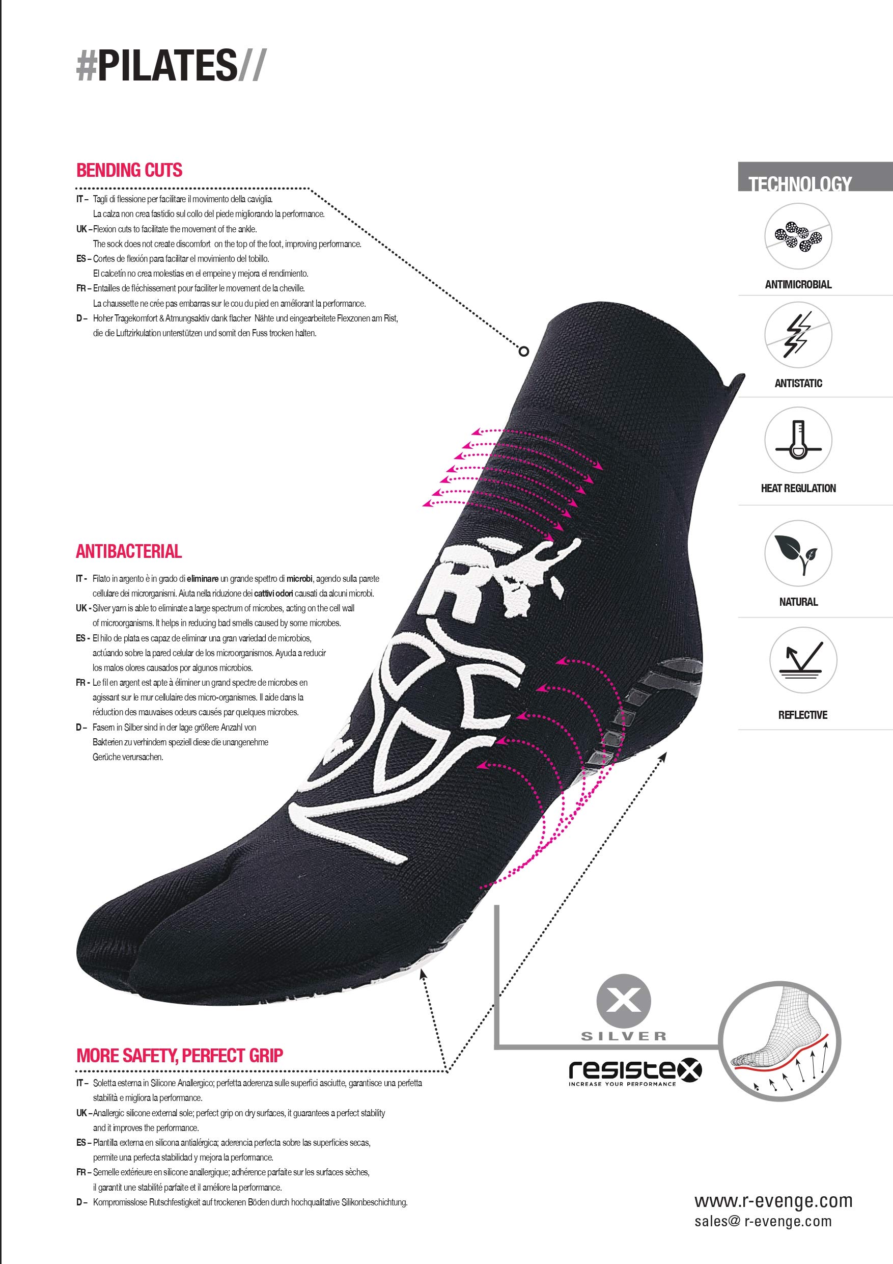 R-EVENGE CALZA PILATES 1 FINGER ANTISCIVOLO, ANTIBATTERICA, TRASPIRANTE PER ESERCIZI A CORPO LIBERO E CON ATTREZZI (L 42-45, NERO/BIANCO)