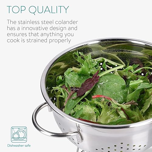 Miniatura 5 de Navaris Colador de acero inoxidable de 2.8L  3 cuartos de galón - Colador de metal con agujeros grandes y asas para pasta, espaguetis, verduras,