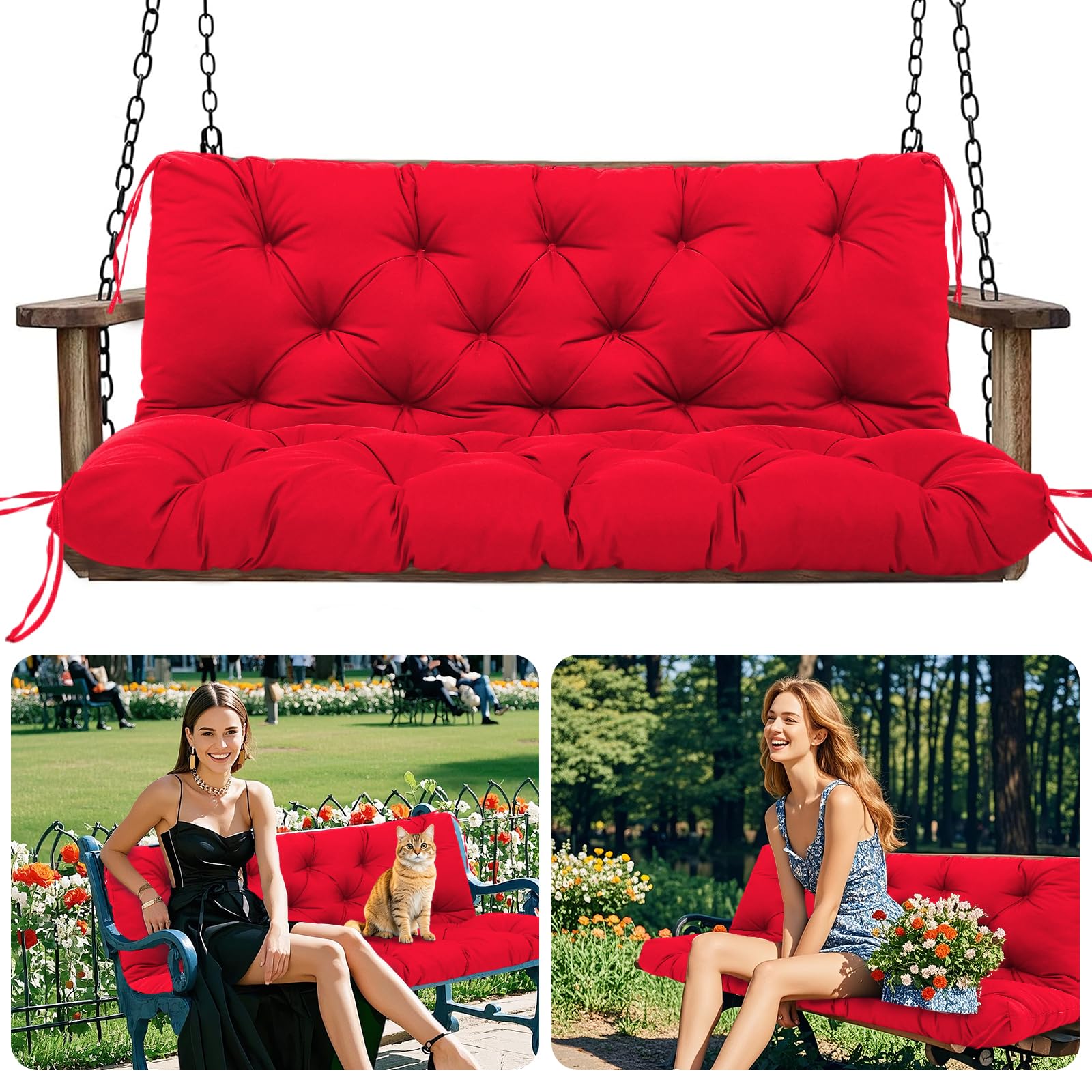 Amdieu Garden Swing Cushions 3 Seater Waterproof Bench Cushion with Backrest and 8 Ties 12cm ﻿Thick Swing Cushions Replacement for Outdoor Furniture Garden Porch Patio(Red-120 x 100 cm)