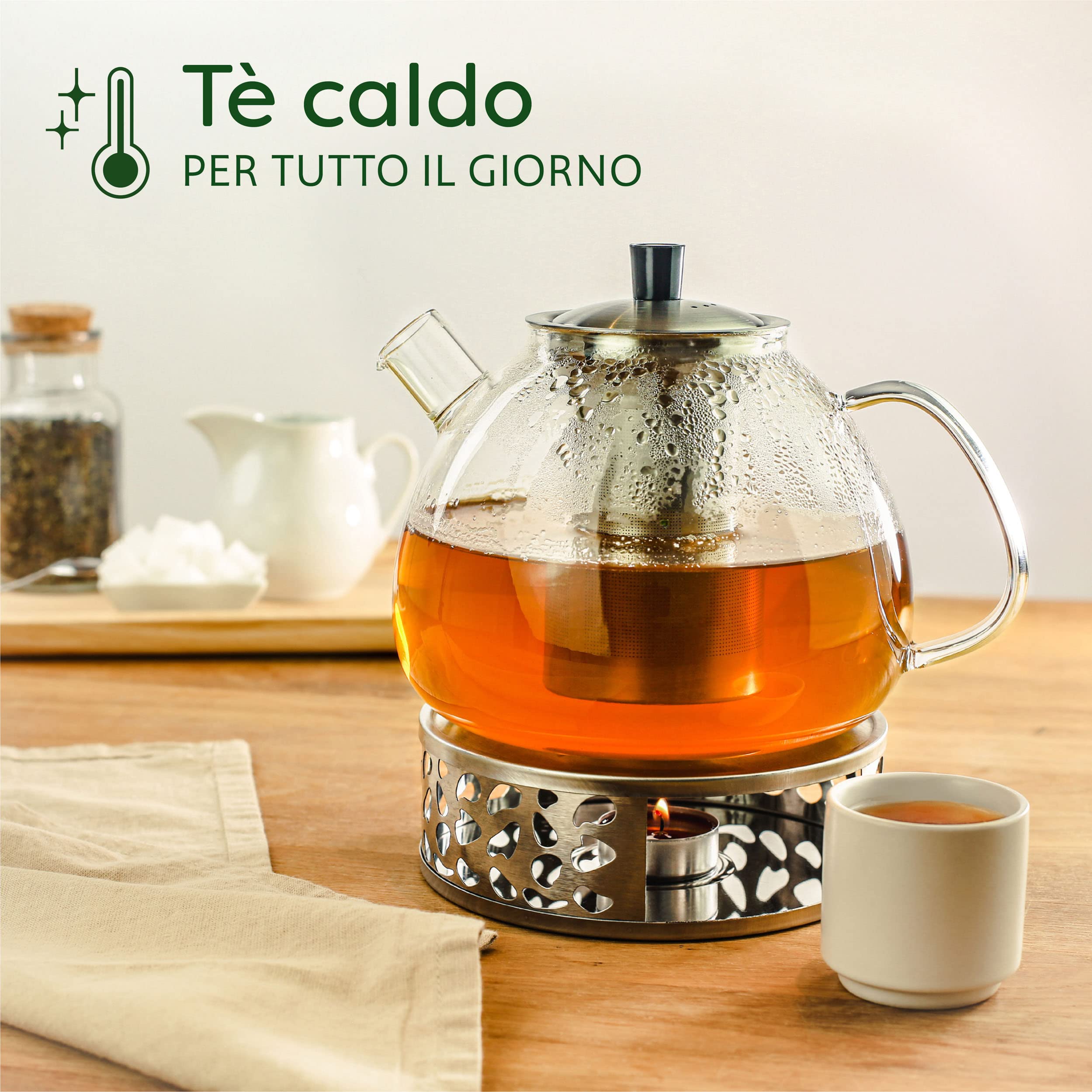 Teiera In Vetro Borosilicato 1000 Ml Con Colino Acciaio - Design Elegante, Coperchio In Legno - Foto 11