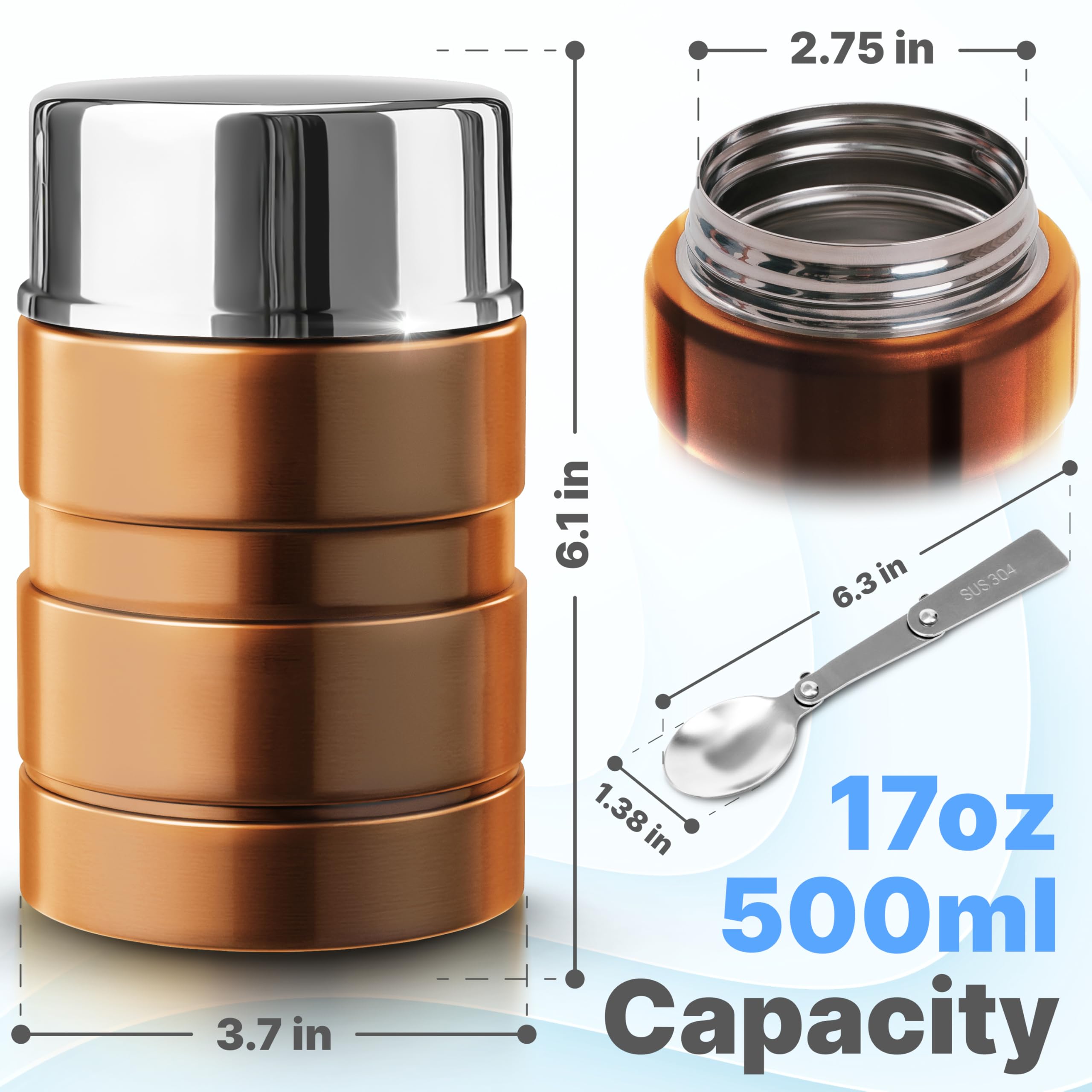 Earth&ME Stainless Steel Thermos For Food – 17oz Vacuum Insulated Jar With Folding Spoon, Leakproof & Keeps Meals Hot/Cold