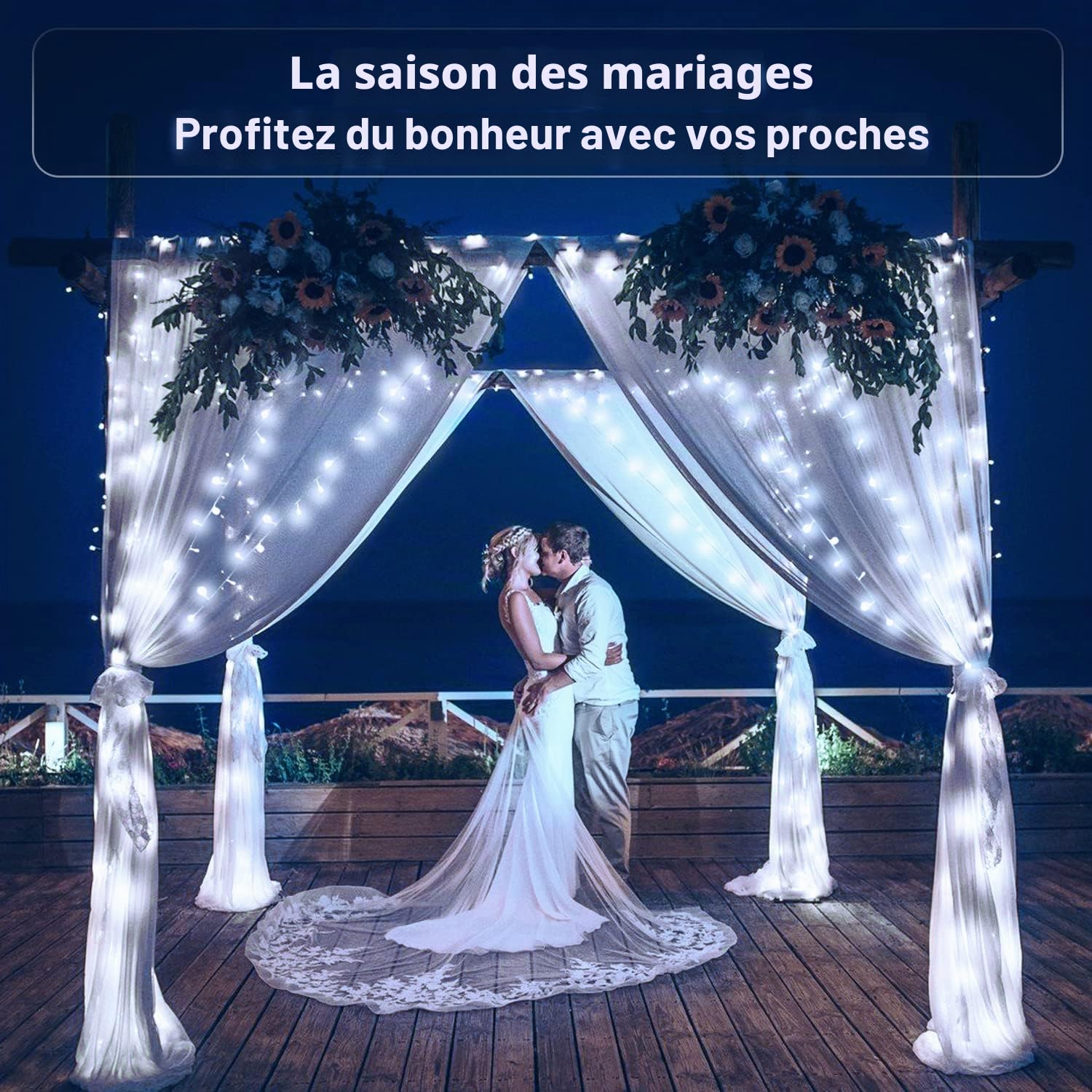 JMEXSUSS Lot de 2 guirlandes lumineuses de Noël blanches à piles, chacune de 10 m, 100 LED, lumières de mariage pour extérieur et intérieur, avec 8 modes à distance étanches