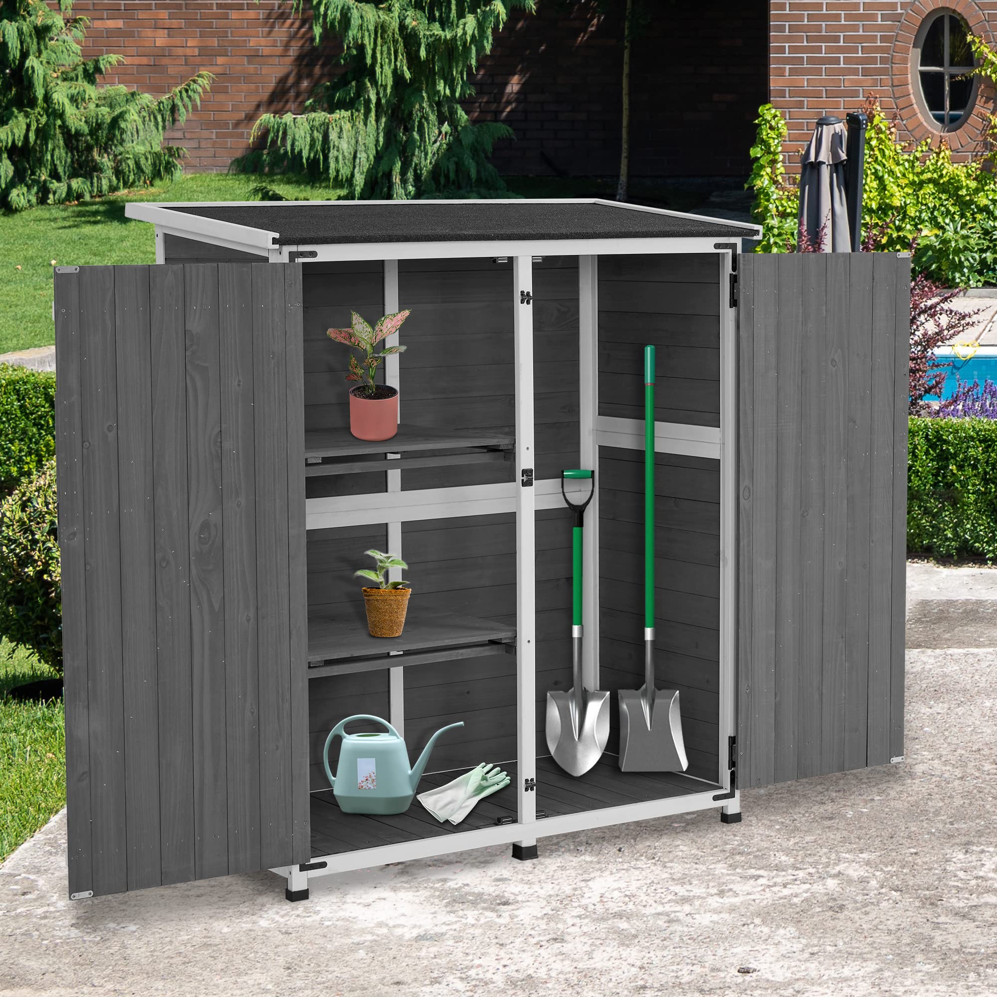 M MCombo Gartenschrank Holz Wetterfest, Klein Outdoor Gartenhaus Gerätehaus, für Außenbereich & Balkon & Terrasse, 122×60×137cm, 0707 (Grau)