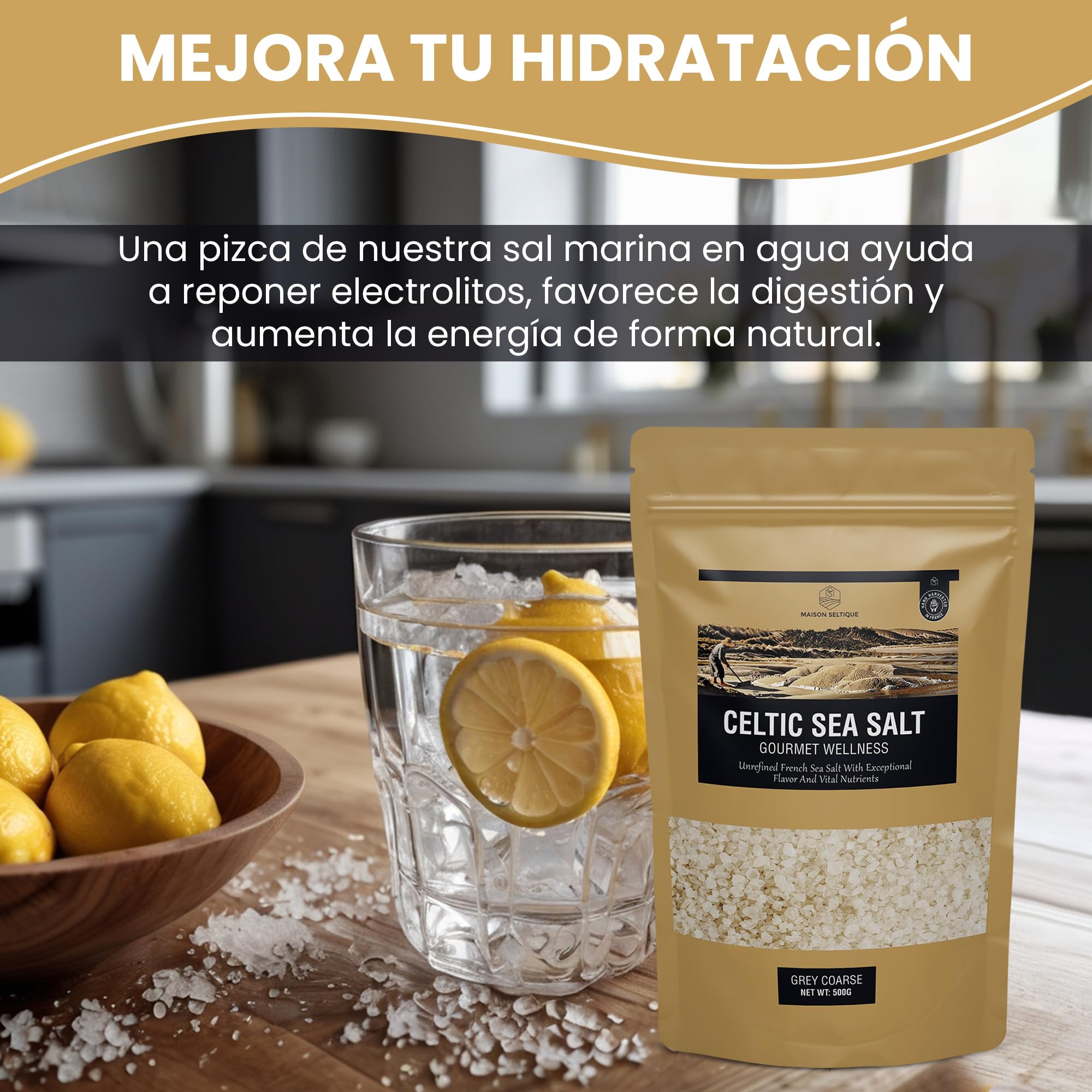 Maison Seltique Celtic Sea Salt, 100% Natural, Sal Celta Cosechada a mano, Artesanal - Pura y Sin Refinar | Sal Marina sin aditivos| Bolsa Resellable | Ideal para Cocina Gourmet y Saludable (500gr)