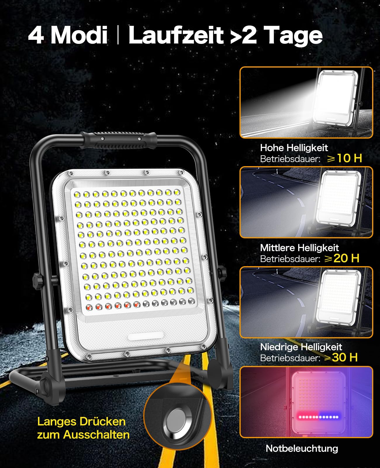 Led Baustrahler Akku 4 Modi Arbeitsleuchte 18000LM 15000mAh USB-Wiederaufladbar mit 132*COB-Chips, IP65 Wasserdicht Led Strahler, Campinglampe Tragbar für Werkstatt oder Baustelle, Garage