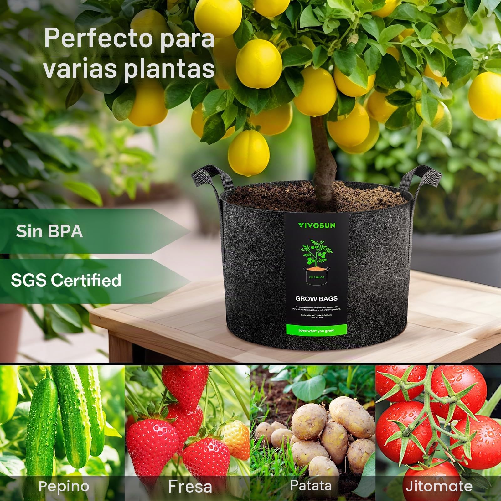 VIVOSUN Bolsa de Cultivo 5 Unidades 115 L, Grow Bags de Tela No Tejida Reforzada con Asas, para Verduras, Flores, Frutas, Invernadero y Jardín