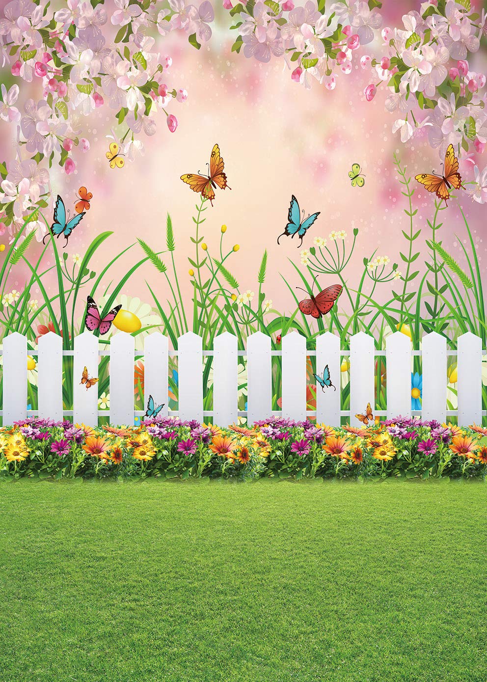 INRUI Spring Easter Garden Photography Backdrop Green Grass Lawn Floral Butterfly Fence Baby Shower Birthday Party Decorations Banner (8x10FT)