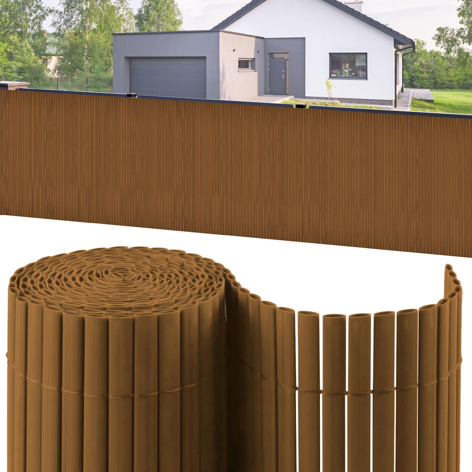 KARAT Osłona balkonowa z PCW, do ogrodu, na balkon, taras – 100 x 500 cm, brązowa – ogrodzenie ogrodowe, 100 x 500 cm, brązowa