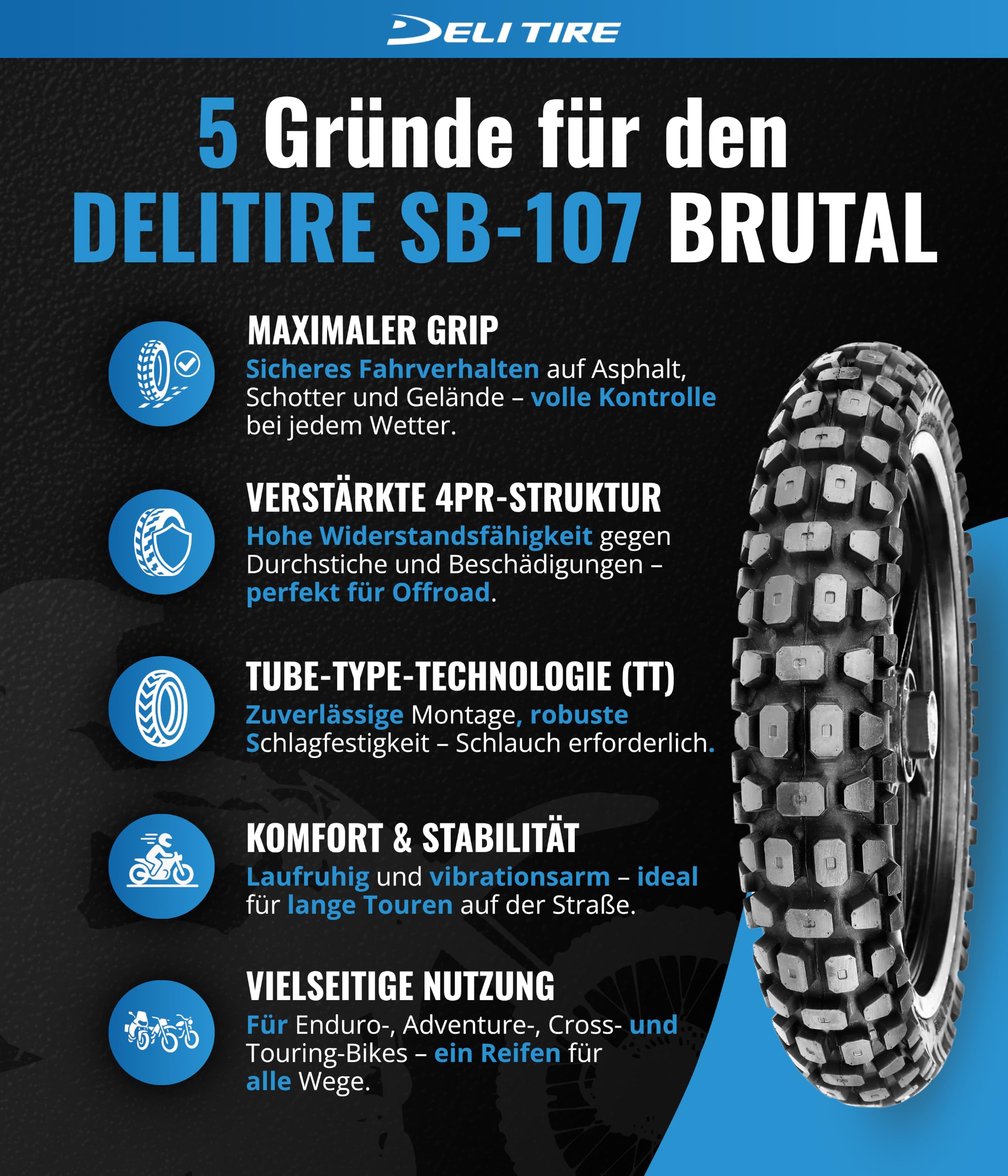 Reifen Motorrad 18 Zoll 110/80 x 18 Deli sb107 TT 58p (Trail)
