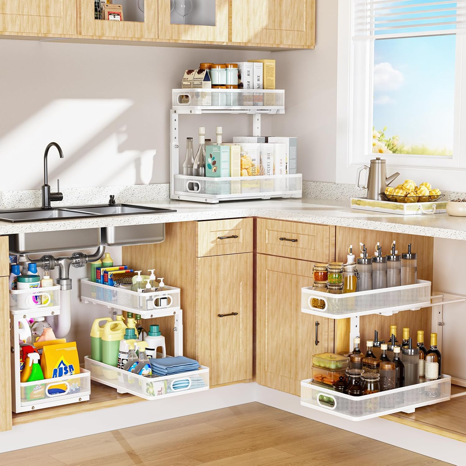 Under Sink Organizer, High Adjustable 2 Tier Under Sink Organizers and Storage, Slide Out Metal Cabinet Organizers, Pull Out Sink Storage Drawer Shelf for Kitchen Bathroom Cabinet, White, 1 Pack - Image 7