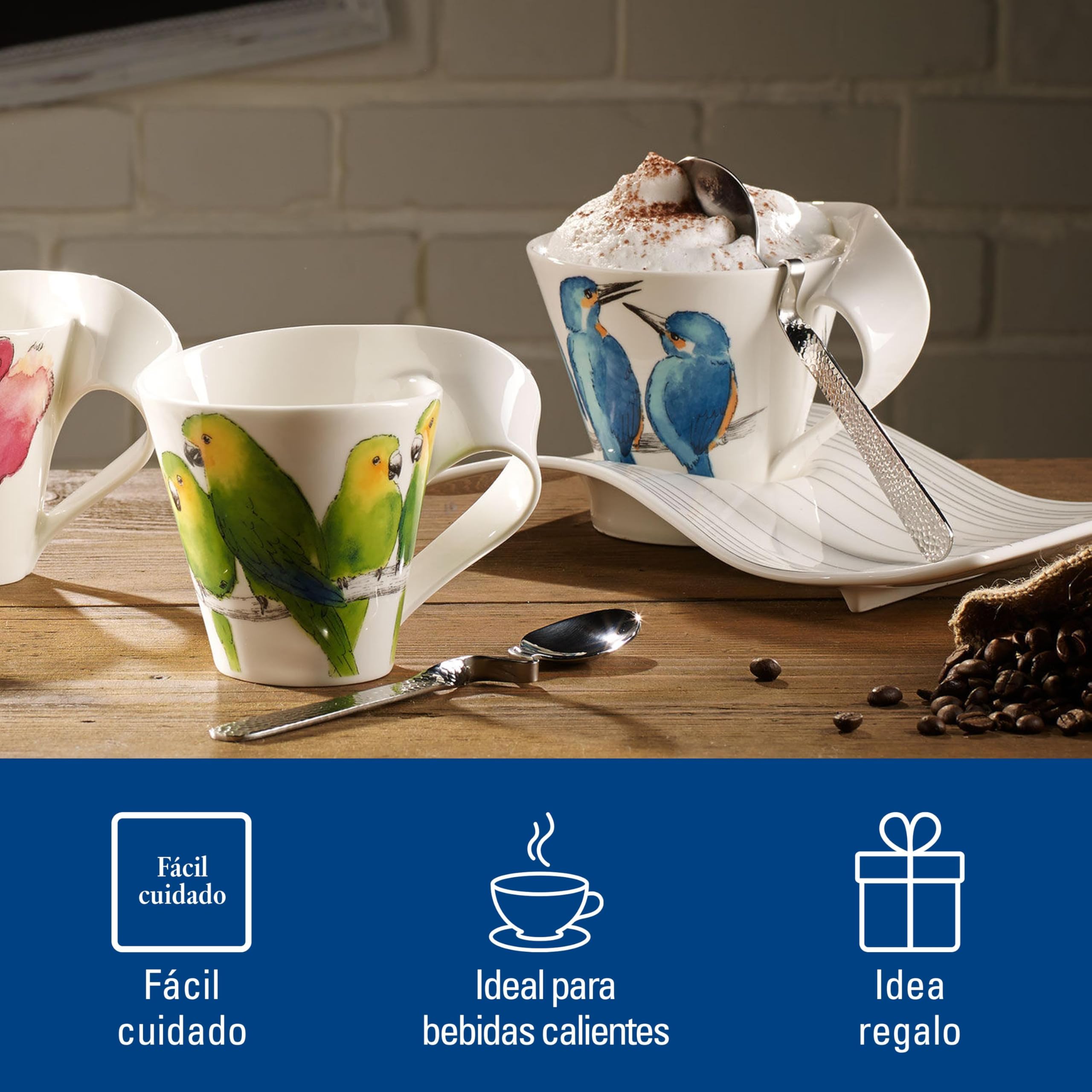 Villeroy & Boch NewWave Caffè Taza de café Colibrí, 300 ml, Altura: 11 cm, Porcelana Premium, Azul/Colorido