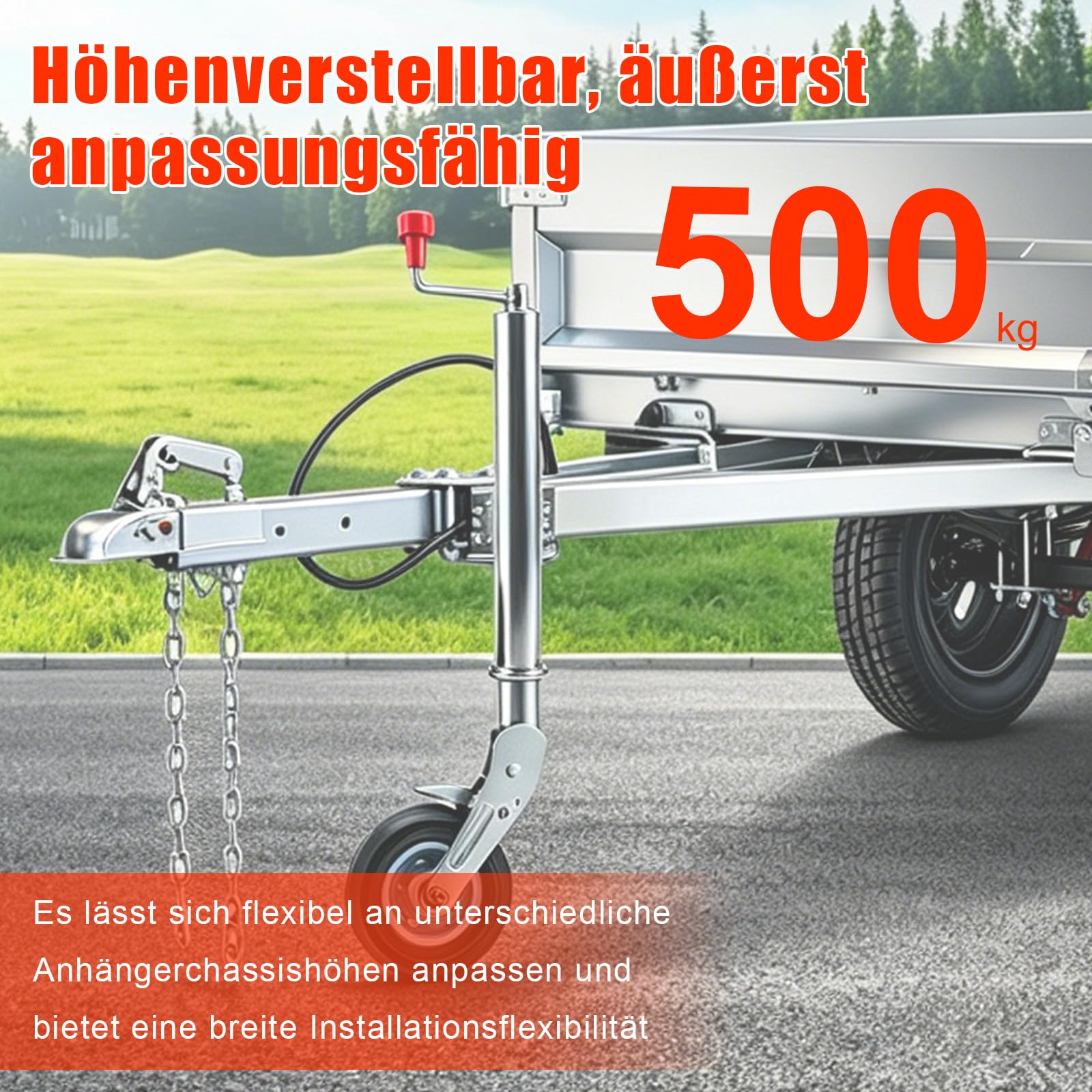 Stützrad für Anhänger mit Kurbel, 500 kg Traglast | Kurbelstützrad höhenverstellbar 245 mm, Deichselstützrad Universal Ersatz für Anhänger Wohnwagen Wohnmobile, Rad 200 x 50 mm