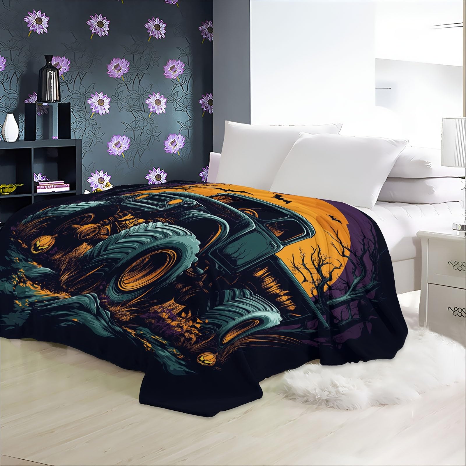 Throws Premium Horror Scene Monster Trucks Thermal Warm Blankets For Sofas Color Throw For Bed Couch Chairs, Cosy Fleece Bed Throws, Throw Blanket for Travel Super King