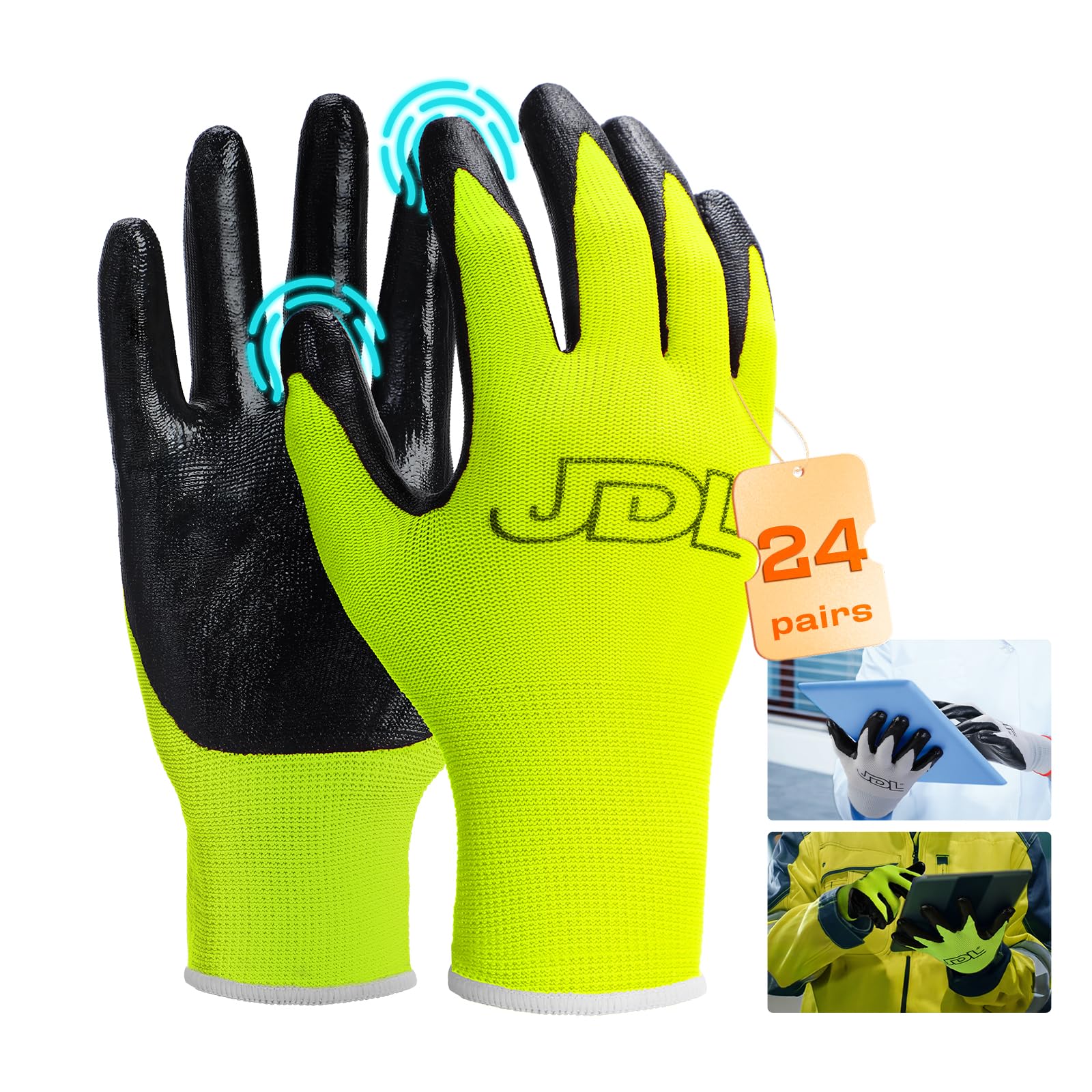 JDL Large Green Nitrile Coating Gloves with Oil Resistant Palm for Touchscreen Use - Pack of 24