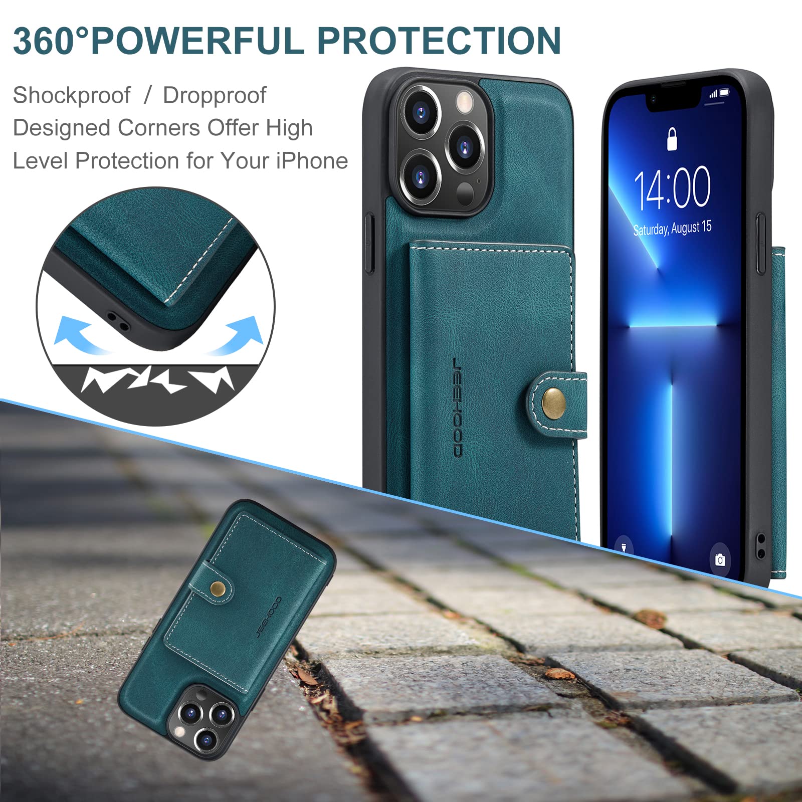 EYZUTAK Custodia Portafoglio Per IPhone 13 Pro 6,1 Pollici, Pelle PU Con 9 Slot Per Carte, Chiusura Magnetica, Cinturino Da Polso, Blu