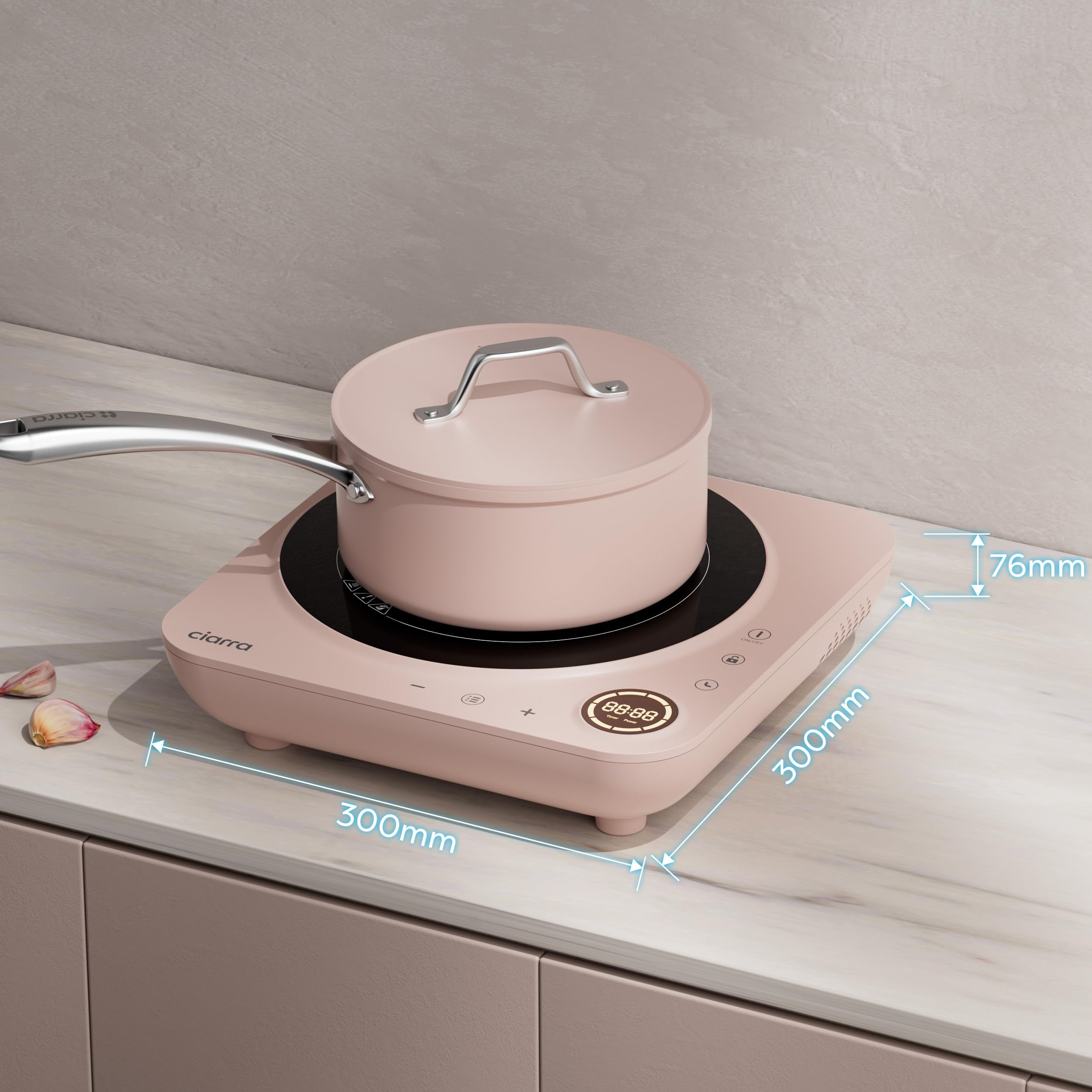 CIARRA CAPTIH1-P Plaque Induction 1 Feu, Plaque à Induction Portable 8 Niveaux 2 000 W éCran Tactile Minuteur Design En Verre Haute RéSistance, Rose