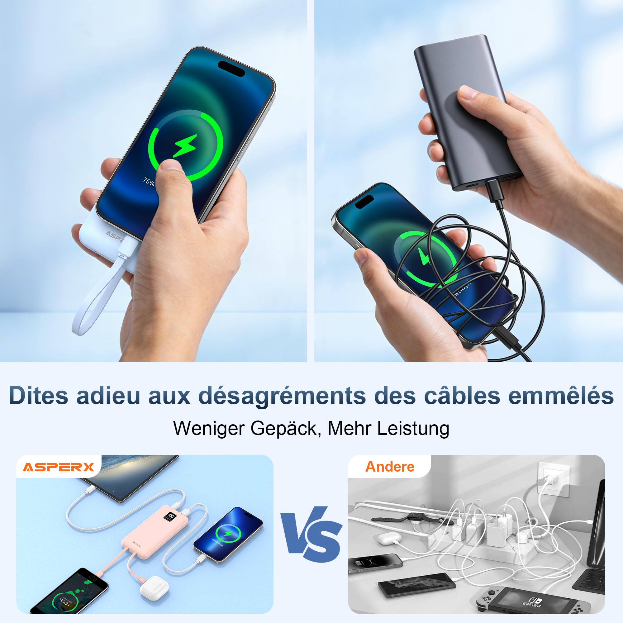 AsperX Powerbank - Batería externa (2 unidades, 10000 mAh, cable USB-C, carga rápida) | Power Bank 4 en 1 con pantalla LED, USB C encendido y salida, batería compatible con iPhone Samsung, para viajes y acampadas