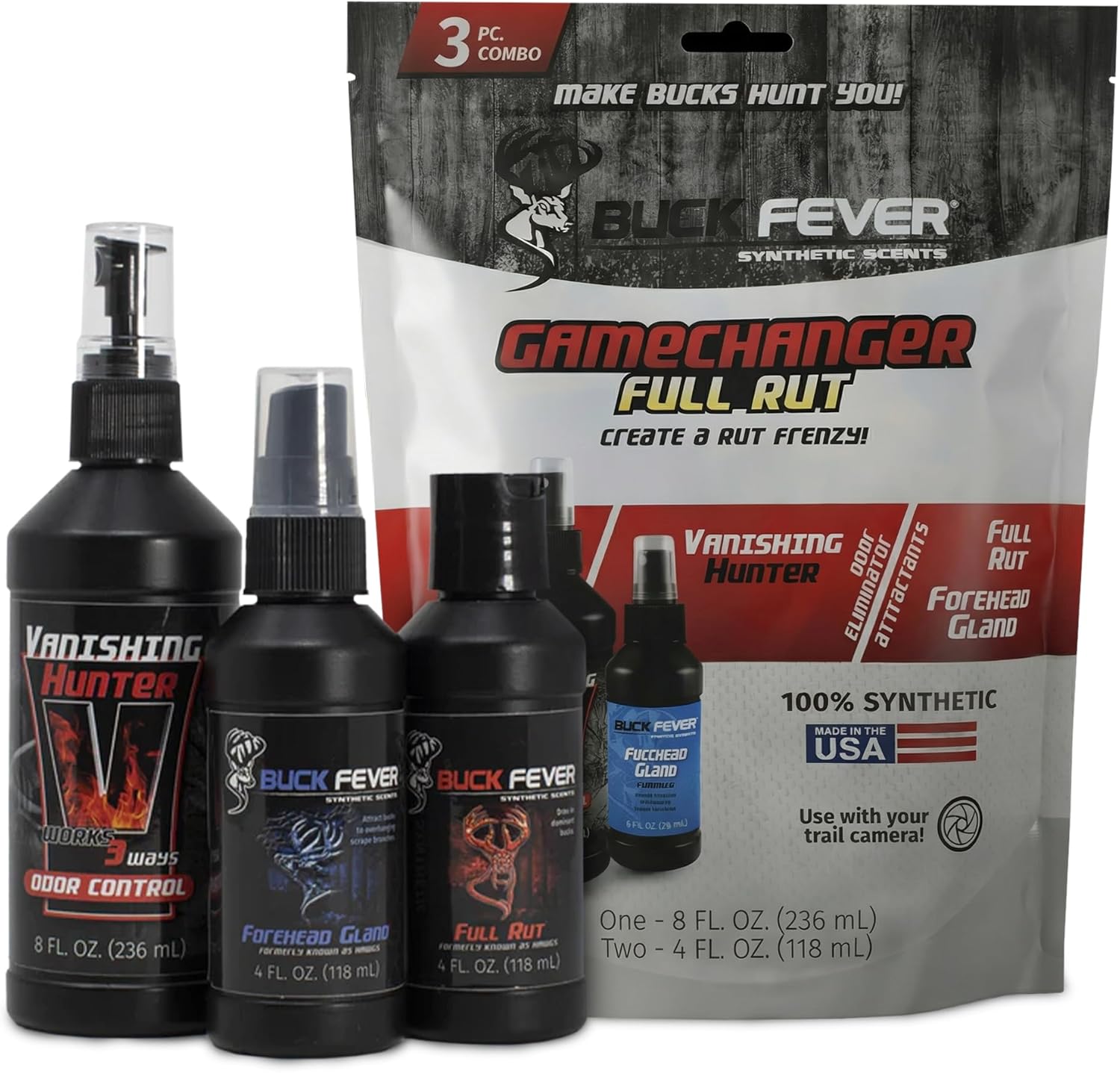 Buck Fever Gamechanger Full Rut Scent Pack – Synthetically Formulated 3-Piece Deer Scent Attractant Combo w/ Vanishing Hunter 8oz, Full Rut 4oz & Forehead Gland 4oz – Fresh, Non Spoiling Deer Lure