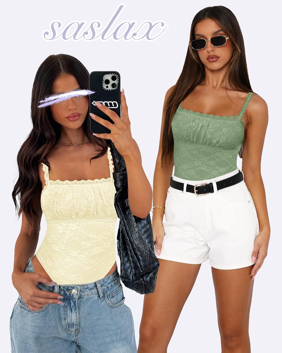 Saslax Women's Sexy Square Neck Lace Sleeveless Bodysuit Tank Tops Double Lined Body Suit Thong Outfits - Image 3