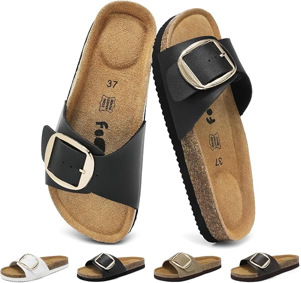 Women's Sandals Large Metal Buckle Genuine Leather Sole Memory Foam Cork Arch Support Slides Summer Slip Resistant 36-42 - 1