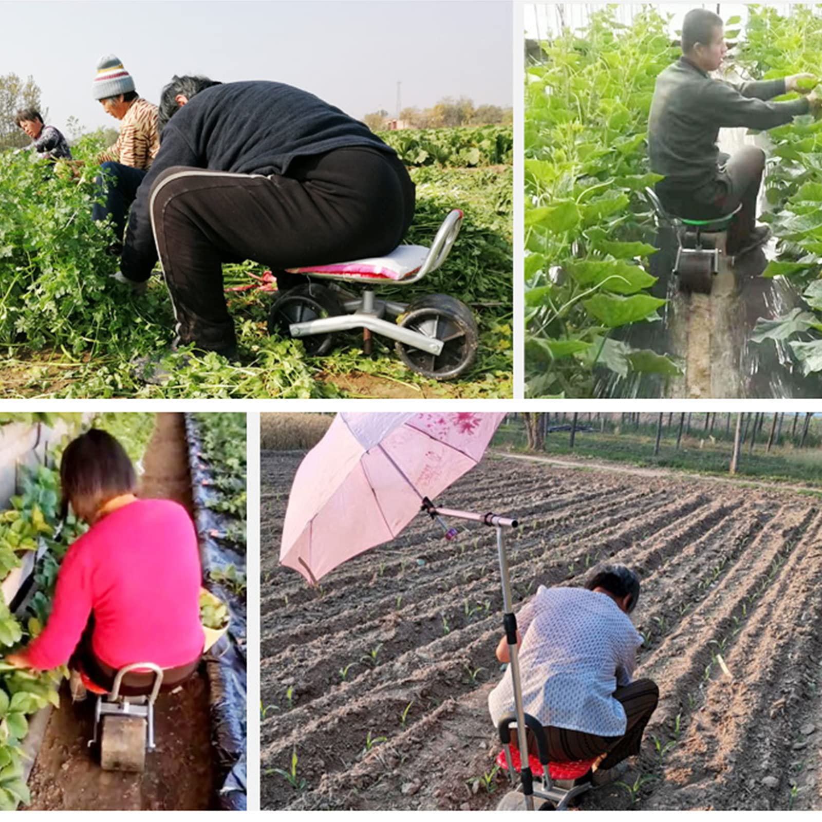 Seggiolino da lavoro da giardinaggio con ruote e sedile girevole, carrello da giardino regolabile e scooter per piantare